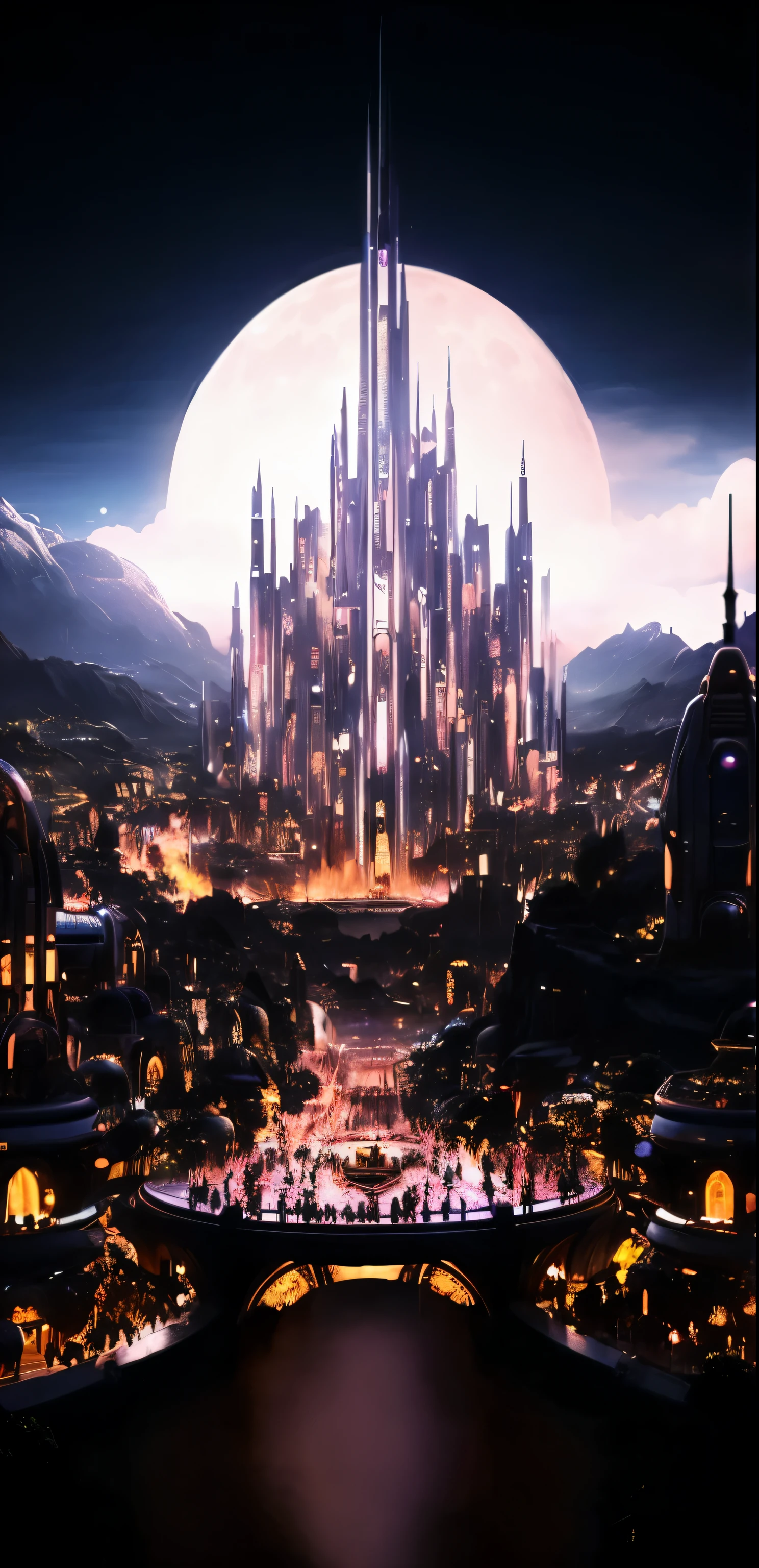 a view of a city with a giant moon in the background, in fantasy sci - fi city, huge futuristic temple city, beautiful city of the future, big and structured valhalla city, futuristic utopian metropolis, otherwordly futuristic city, ancient sci - fi city, fantasy capital city, an alien city, futuristic castle, fantasy cityscape, fantasy city