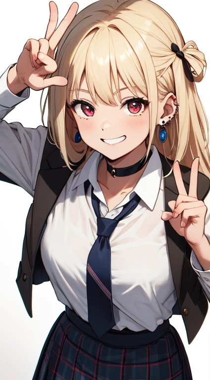masterpiece, best quality, highres, kitagawa marin, 1girl, blonde hair, long hair, multicolored hair, red eyes, jewelry, earrings, piercing, school uniform, white shirt, tied shirt, black choker, blue necktie, plaid skirt, leaning forward, grin, peace sign