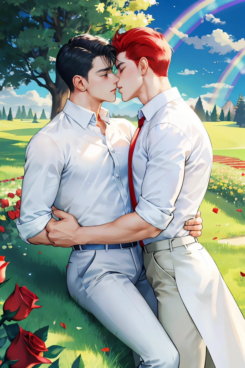 High image quality, two beautiful men, delicate eyes, lean muscles, tall, random hairstyle, A beautiful sunny morning, two camp boys in love passionately kiss on the brilliant green grass, two people wear white shirts, behind is a rainbow, surrounded by red roses.