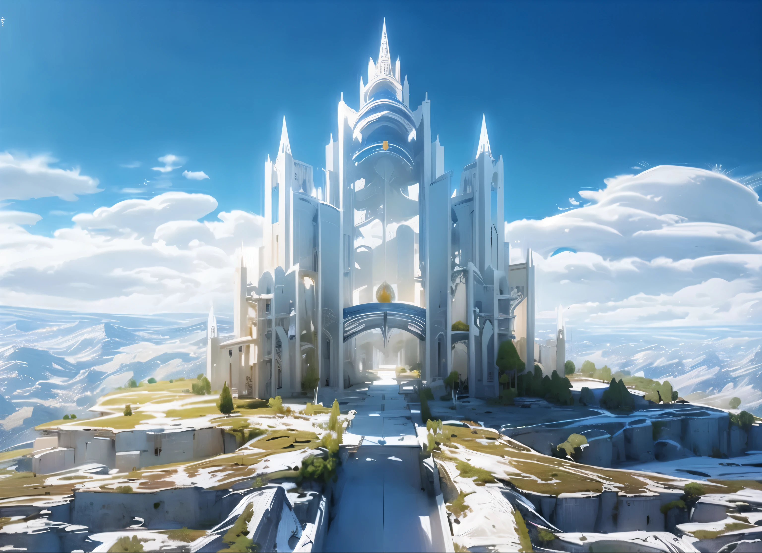 a large white building with a long bridge going through it, huge futuristic temple city, cathedral of sun, futuristic castle, futuristic palace, in fantasy sci - fi city, fantasy architecture, big and structured valhalla city, chrome cathedrals, interplanetary cathedral, beautiful city of the future, futuristic chrome city, otherwordly futuristic city, futuristic church, elven architecture