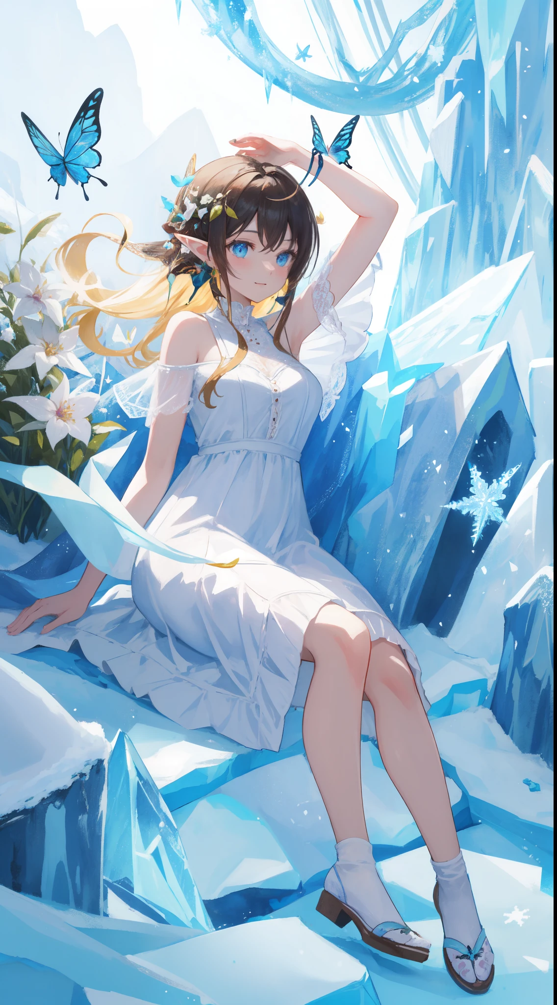 ((masterpiece, best quality)), official art, 8k wallpaper, ultra detailed, vibrant watercolor on rough paper anime illustration, a beautiful elf saintess is playing with a young dragon in the garden of an ((ice castle)). She finds a glowing butterfly and chases it. Her white dress flutters in the wind, and her golden hair shines in the sun. The young dragon flies happily with the butterfly. He sometimes sits on the saintess’s head and coos softly to her. They laugh together and marvel at the ice flowers and snow crystals. The scene is peaceful and joyful, and the perspective is from the side of the garden. design by (Yoshitaka Amano:0.23)