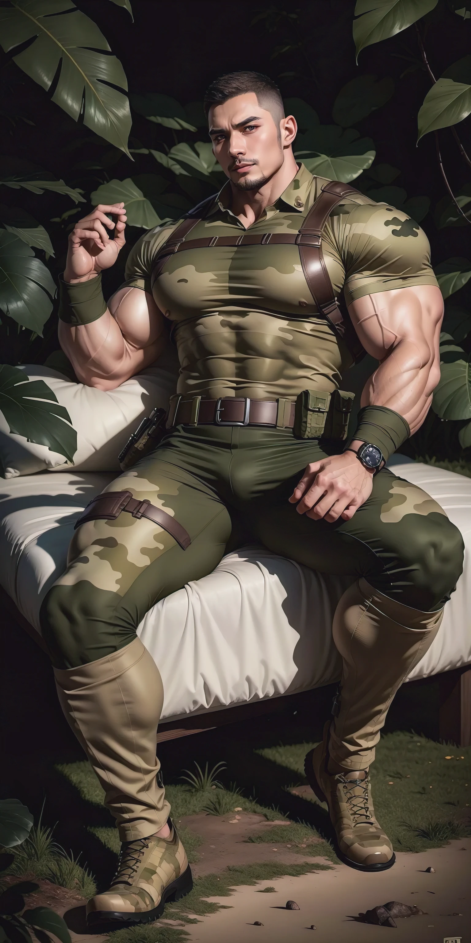 Tall muscular man is sleeping and lying down in the forest，Khaki camouflage military uniform，character  design（Resident Evil - Chris Redfield，Chris Redfield）buzz clip，身穿Khaki camouflage military uniform，Matte texture，The bed is big, soft and comfortable，Lying down and sleeping in the dark sugar cane jungle, The body is wrapped in thick rattan，expression sad，Deep and charming eyes，The hero with emerald pupils，heroic masculine pose，Tall and burly，musculous！Charming leg muscles，tall, Burly, and strong， 身穿Khaki camouflage military uniform， Super gain and cool， commission for high resolution， Big feet in black boots，Charming strong man，Bright sunlight shines on the body，Matte particles with shiny texture