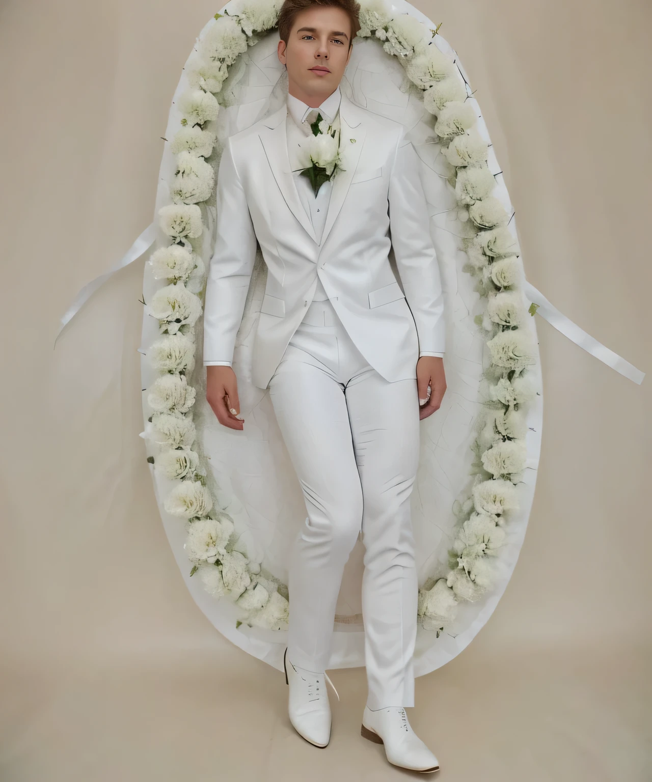 fully body photo,with a pure white background,young man in white suits,Slim figure,Realistic clothing wrinkles and facial features,Decorative flowers on neckline,Loose sleeves,The body is slightly tilted,Exquisite white leather shoes