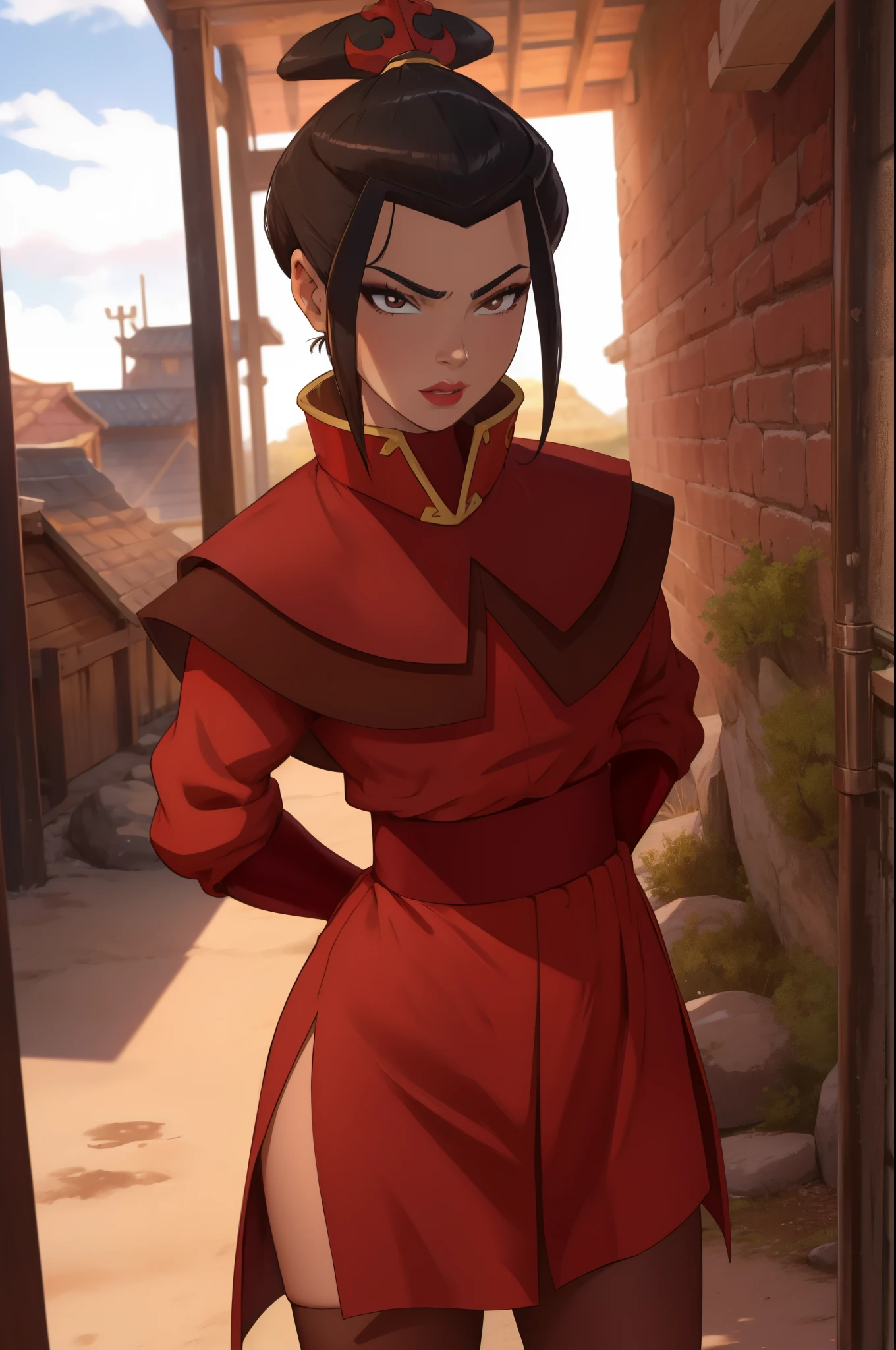 Beautiful, Masterpiece, Best Quality, extremely detailed face, perfect  lighting, Cowboy shot, 1girl, Azula, the perfect body, taut clothes, seductive, pomade, makeup, looking a viewer, wide thighs