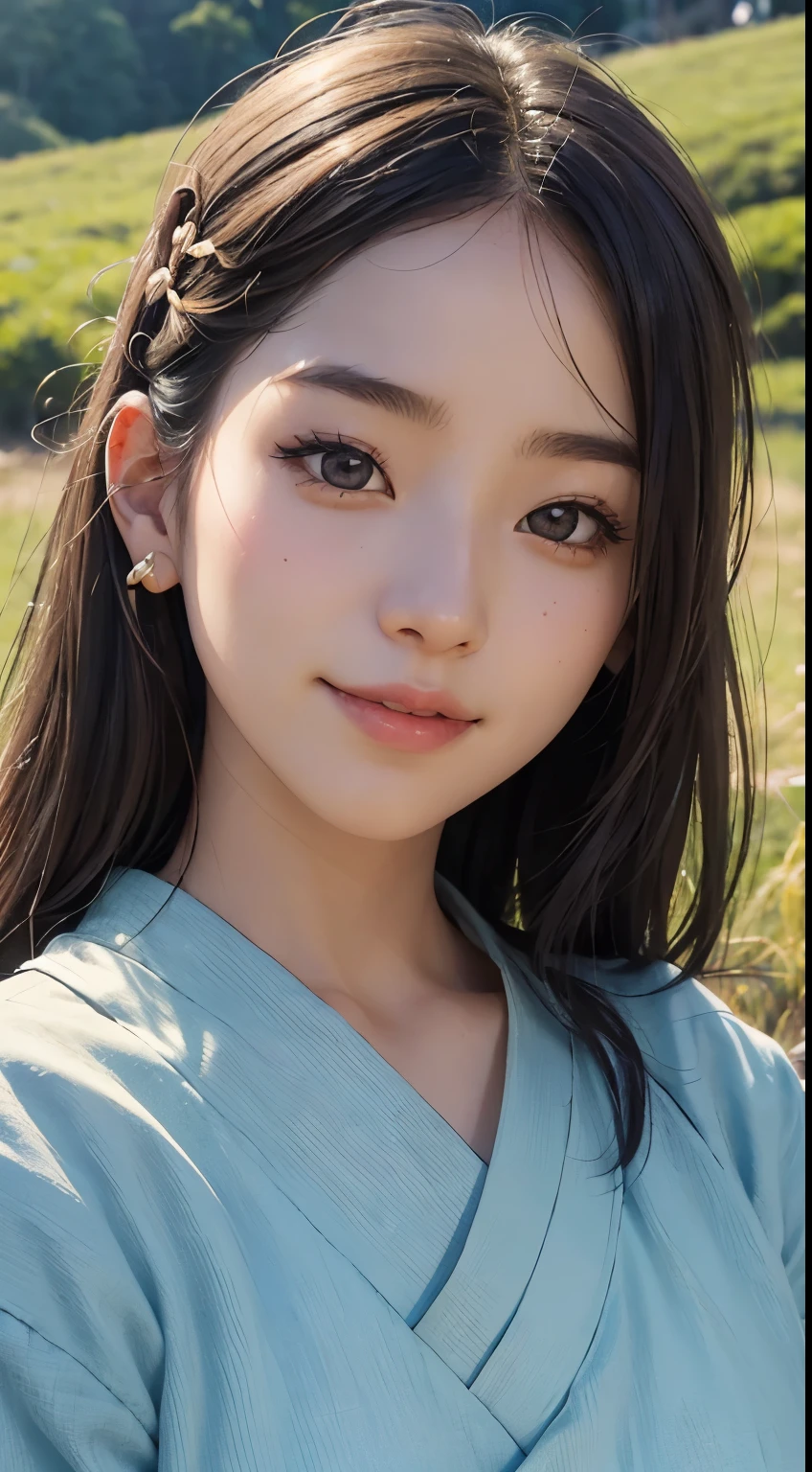 beautiful girl in a primitive costume made of hemp, (with Japanese dog:1.3), front face, photo, an extremely delicate and beautiful, extremely detailed, Amazing, extremely detailed skin, (18 years old:1.2), cute girl, famous Japanese idol, kawaii, fair skin, shiny skin, chin thin, (smile:1.2), cute, young, extremely detailed nose, extremely detailed mouth, cute face, (realistic face:1.4), beautiful views, japan, nature, grass field, mountain, outdoors, blue sky