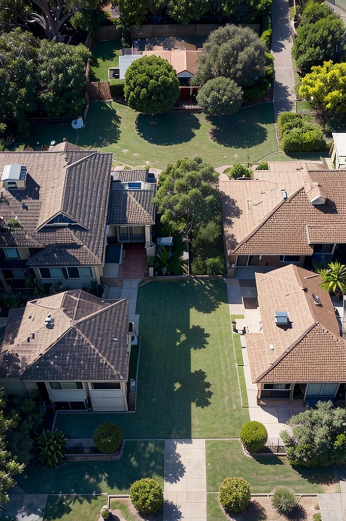 Create a high-resolution, top-down satellite-style image of a typical Australian suburb. Include a variety of residential homes with red and gray tiled roofs, arranged in winding streets lined with eucalyptus trees and palms. Show well-manicured lawns and backyard pools glistening under the bright sun. Incorporate a central park with a playground, a small lake, and walking paths. The suburb should be surrounded by a mix of natural bushland and cultivated gardens. The overall color palette should reflect the earthy tones of the Australian landscape, with vibrant greens, deep blues, and sandy browns. Ensure the image captures the unique blend of modern living and nature that is characteristic of Australian suburban life. Don't create an image of a single property. generate this image as a birds eye view of an Australian suburb.