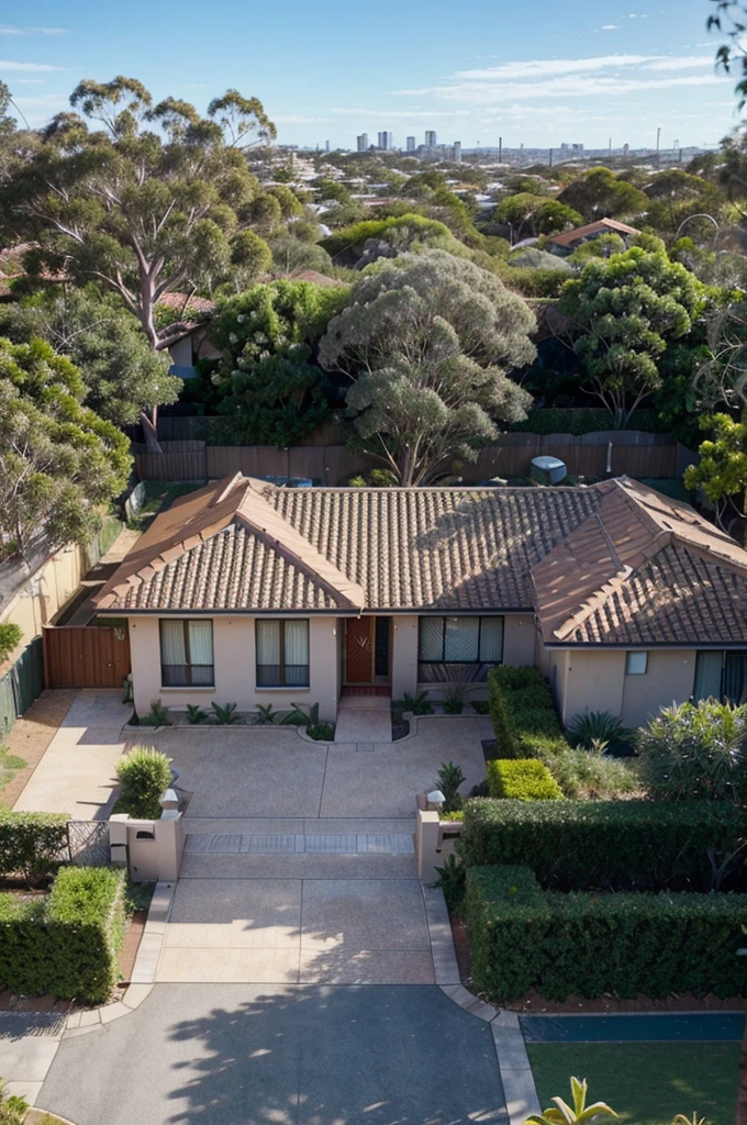 Create a high-resolution, top-down satellite-style image of a typical Australian suburb. Include a variety of residential homes with red and gray tiled roofs, arranged in winding streets lined with eucalyptus trees and palms. Show well-manicured lawns and backyard pools glistening under the bright sun. Incorporate a central park with a playground, a small lake, and walking paths. The suburb should be surrounded by a mix of natural bushland and cultivated gardens. The overall color palette should reflect the earthy tones of the Australian landscape, with vibrant greens, deep blues, and sandy browns. Ensure the image captures the unique blend of modern living and nature that is characteristic of Australian suburban life. Don't create an image of a single property. generate this image as a birds eye view of an Australian suburb.