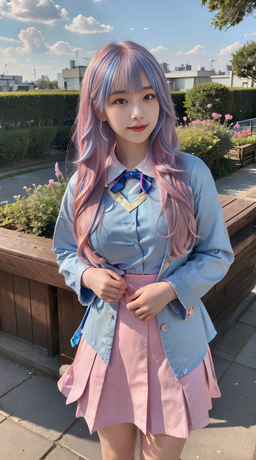 (masterpiece), (((highest quality)), (super detailed), 1 girl, (iridescent hair, colorful hair, half blue and half pink hair, Long Hime Cut Hairstyle: 1.2), , (japanese school girl uniform: 1.2), outdoor, bangs, smile, sky blue eyes, perfect hands, perfect hands, hand details, corrected fingers. Earrings, Night Store + Background, looking_at_viewer, Cowboy Shot, Top Quality, Rich Detail, Perfect Image Quality, gigantic breast, full body