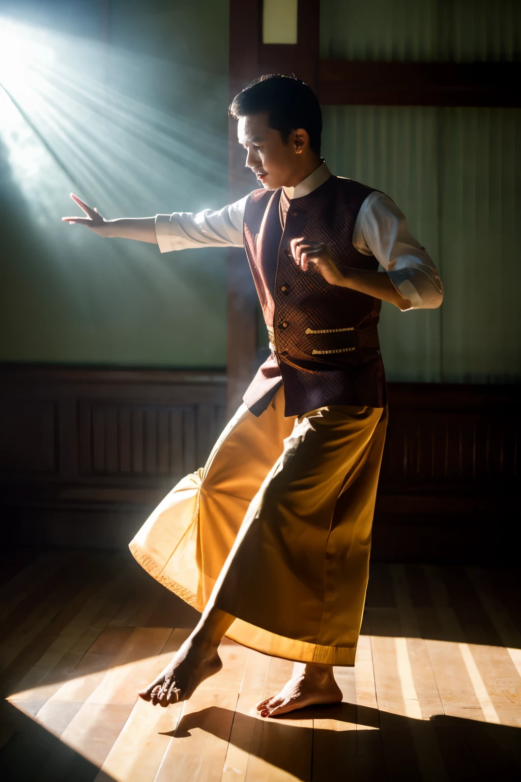 make me a photo of a man with an Indonesian face, wearing traditional Javanese clothes and dancing, 4k quality, background light, fog and light, shadow,realistic