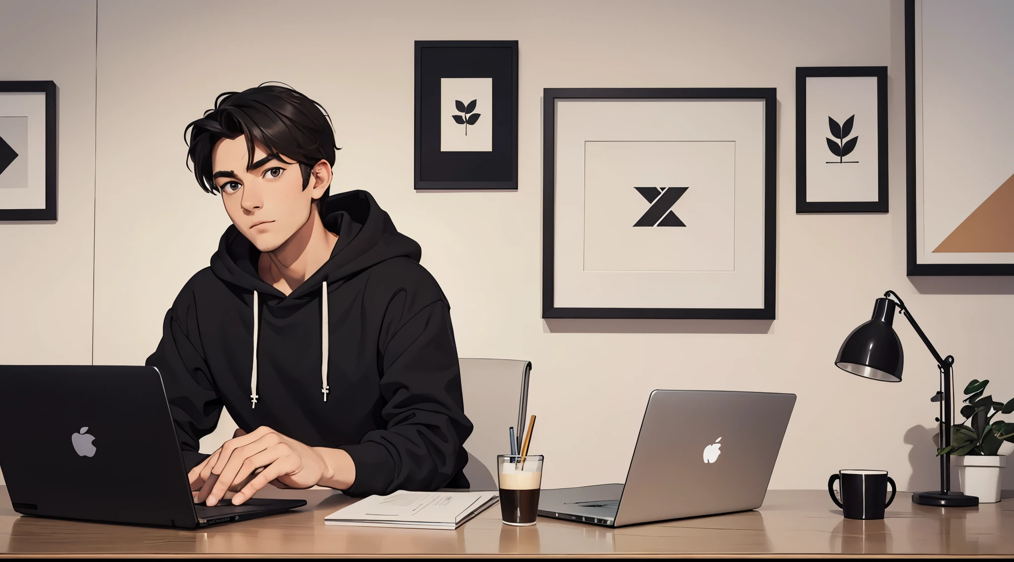Manly handsome looking 20 year old male business character, a cap, black hoodie. He is sitting behind his laptop in his studio, working in laptop, arms on his desk, using a laptop. It is night. The room is minimalistic. He is front facing to the camera, looking straight and centered, central portrait, sitting straight, front view, centered looking straight, looking straight at the camera facing the screen, looking at the camera, straight at front. The overall ambiance of the image should convey a connection to minimalism, flat illustration, bold line, minimalism, simplified, 8k resolution