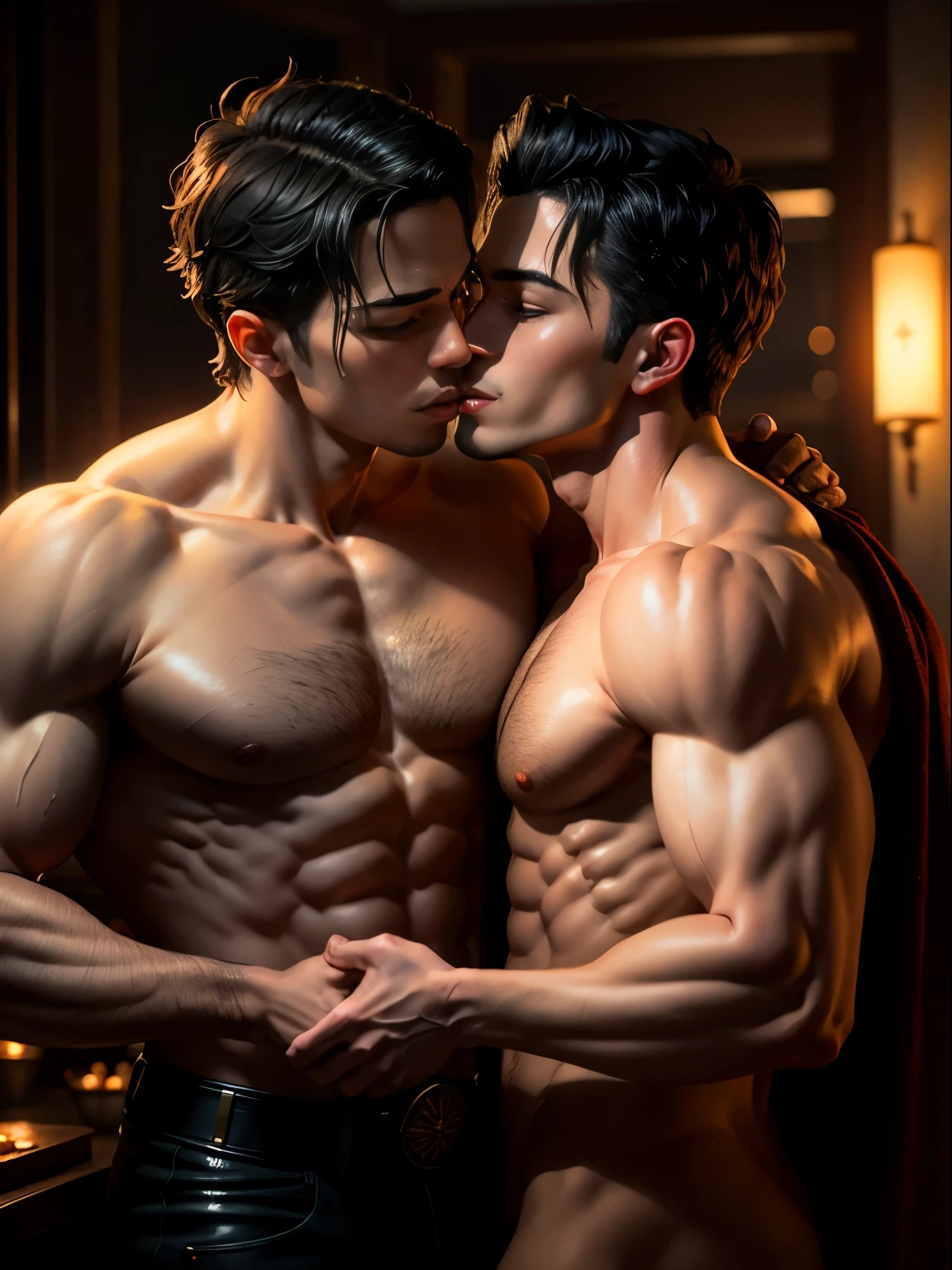 two men, boyfriends, kiss,, flashlight, termplo in the background, body defined, beautiful<, oriental, realistic, cinematic, high quality, 16k, best quality, high details, super detail