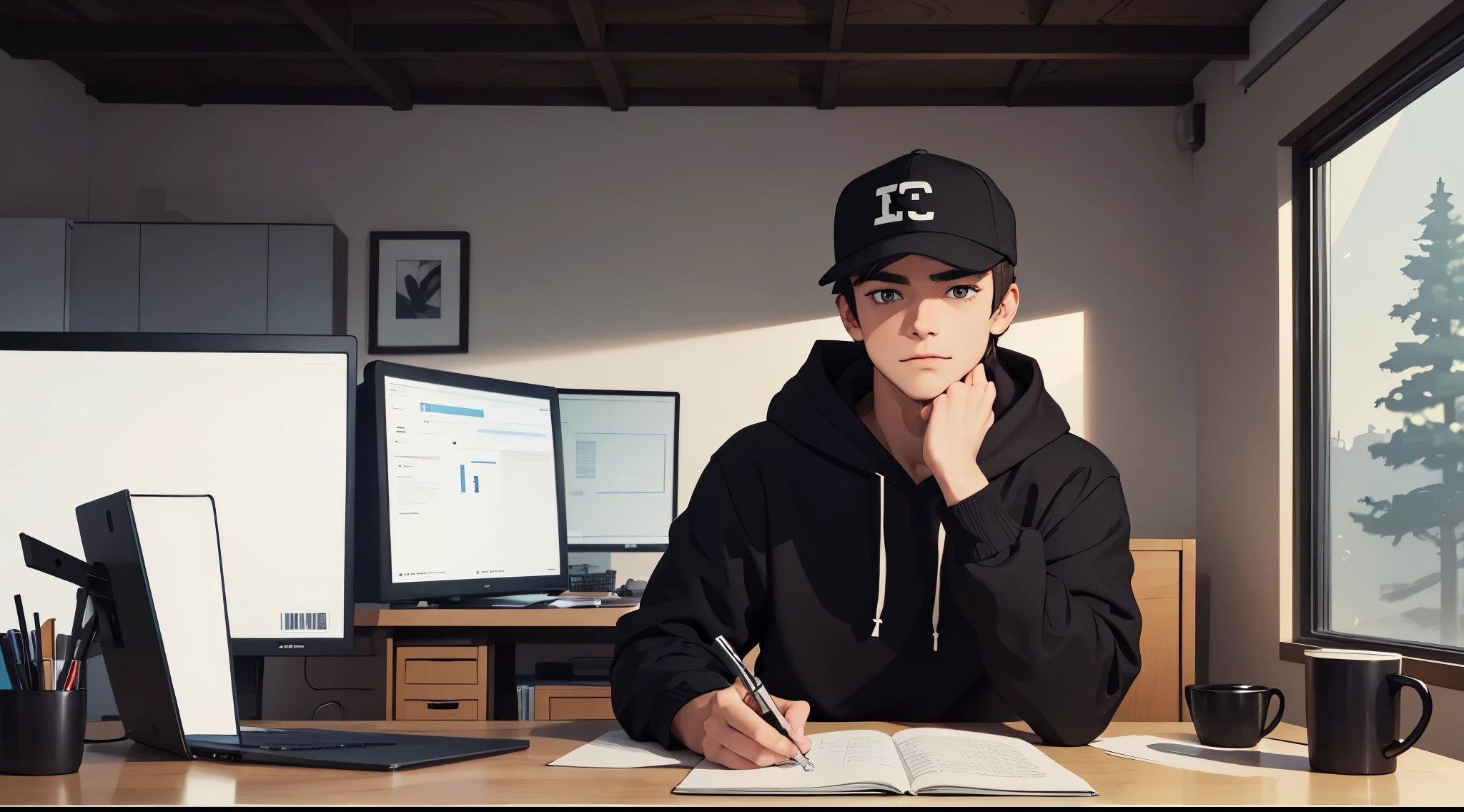 Manly handsome looking 20 year old male business character, a cap, black hoodie. He is sitting behind his laptop in his studio, working in laptop, arms on his desk, using a laptop. It is night. The room is minimalistic. He is front facing to the camera, looking straight and centered, central portrait, sitting straight, front view, centered looking straight, looking straight at the camera facing the screen, looking at the camera, straight at front. The overall ambiance of the image should convey a connection to minimalism, flat illustration, bold line, minimalism, simplified, 8k resolution