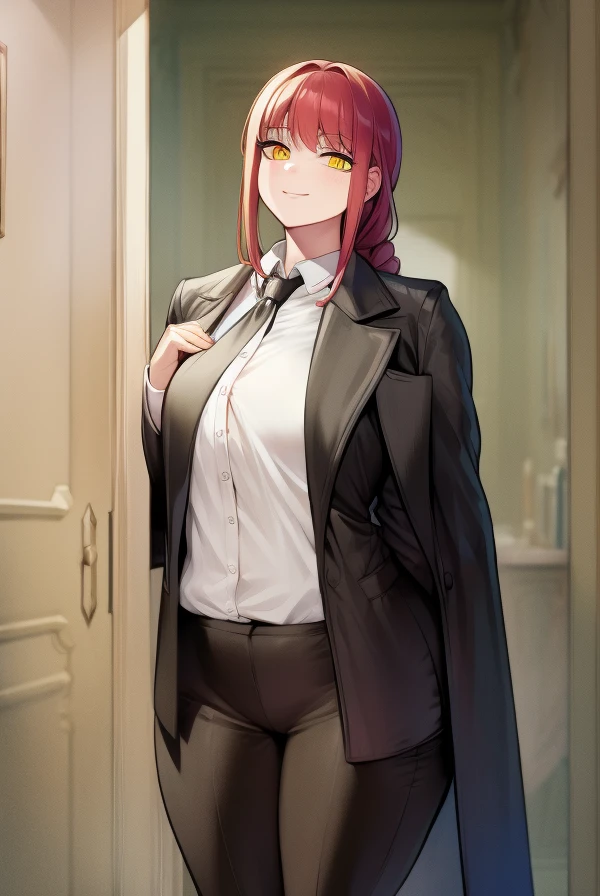 makima, makima, long hair, smile, bangs, small breasts, (yellow eyes:1.2), braid, red hair, braided ponytail, ringed eyes, BREAK  shirt, long sleeves, jacket, white shirt, necktie, collared shirt, pants, black jacket, black pants, formal, suit, black necktie, shirt tucked in, office lady, BREAK indoors, office, BREAK looking at viewer, BREAK (masterpiece:1.2), best quality, high resolution, unity 8k wallpaper, (illustration:0.8), (beautiful detailed eyes:1.6), extremely detailed face, perfect lighting, extremely detailed CG, (perfect hands, perfect anatomy), (hyperbreasts, hyperass:1)