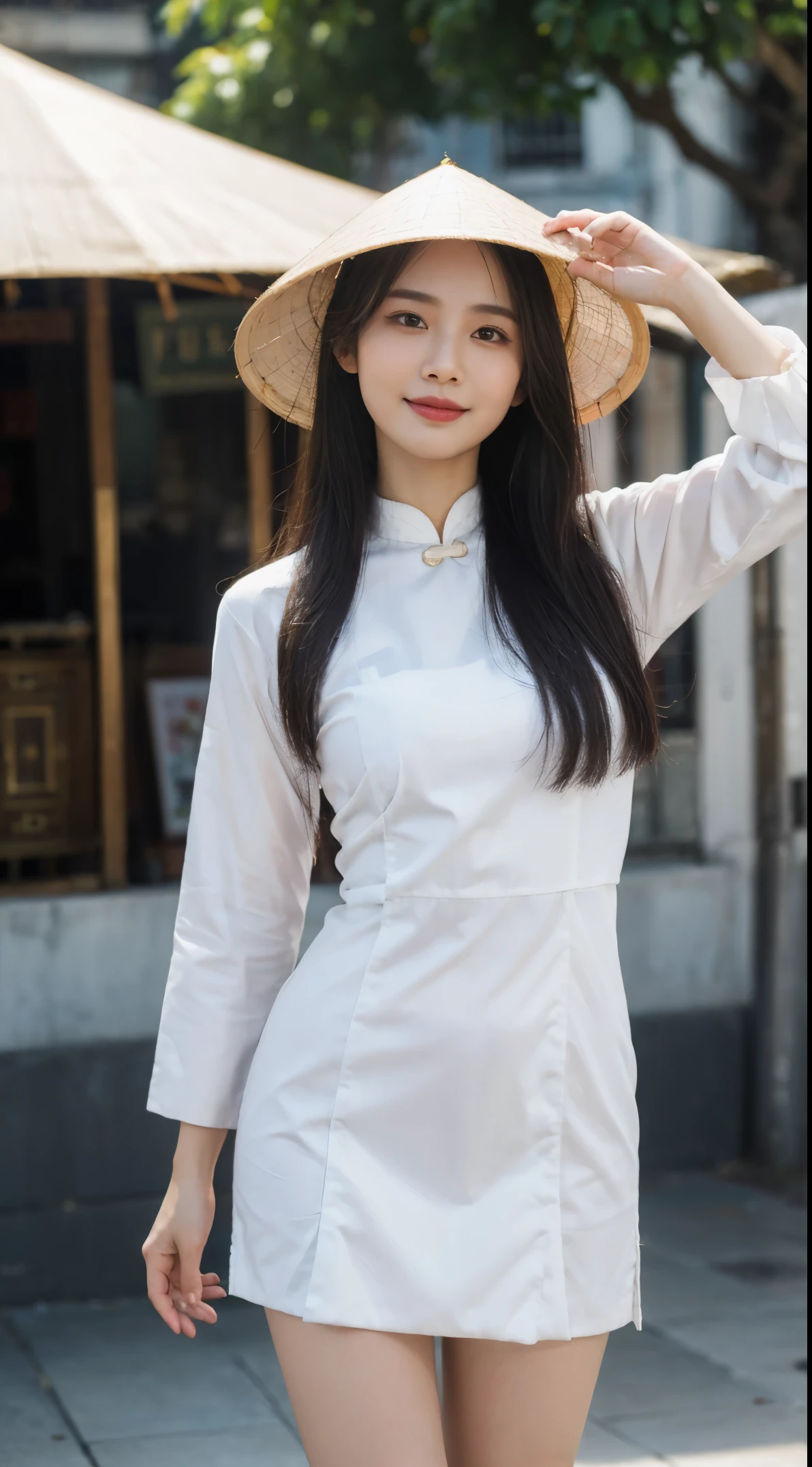 1girl, ((city in Vietnam)), ultra high res,(realistic:1.3)),((random pose)), deep shadow,(best quality, masterpiece), dimly lit, shade, flustered, blush, highly detailed, depth of field, film grain, wrinkled skin, looking at viewer, warm smile, solo, hat, ((whole body, including legs)),((Standing)),(open thighs), (white ), aodai,, (masterpiece,best quality:1.5)