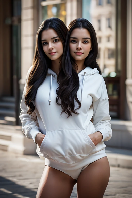 masterpiece:1.2, best quality), realistic, (real picture, intricate details, depth of field), (2heads:1.4), (1girl, solo), highly-detailed, perfect face, (skindentation), perfect thighs, identical faces, long wavy black hair, blushing, Serbian, two heads, hoodie.