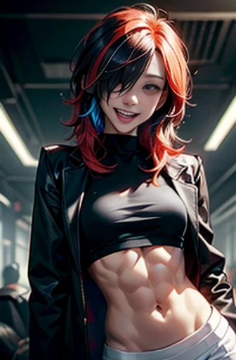 (hair over one eye:1.2), (tareme), open mouth, tongue out, laughing, teeth fangs, oral invitation, slender, well toned abs, mekakure, black shirt and white suit, staring at me with a provocative smile, arm to head, multicolored hair, asymmetrical messy hair, cyberpunk lighting, cinematic angle, Rule of thirds