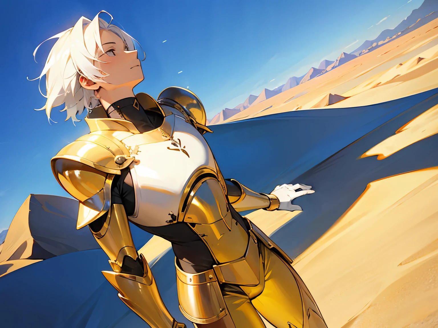 young man, unusual angle, looking up, desert, sunny day, white hair, golden armor