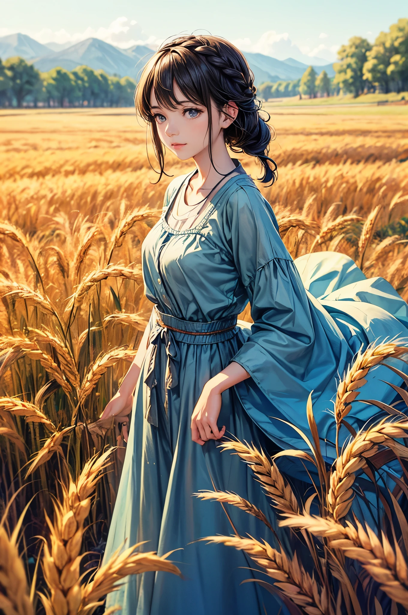 1girl,20s,tall and attractive,wearing cute country clothes,braided hair,standing in a serene farm environment. She has a soft, gentle smile and expressive eyes. The background consists of a charming barn, golden wheat fields, and clear blue sky. The composition should be bathed in warm golden hour light, with soft depth of field and subtle bokeh emphasizing the pastoral tranquility. The image should be captured as if taken with an old-fashioned 35mm film, adding charm and a cinematic, nostalgic, and dreamy mood.