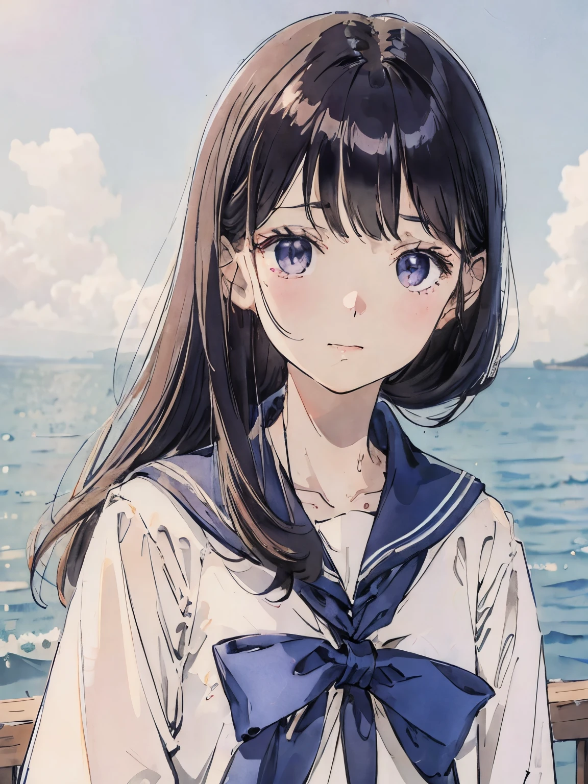 a sailor suit、a pale、A dark-haired、up of face、Mare、blue-sky、夏天