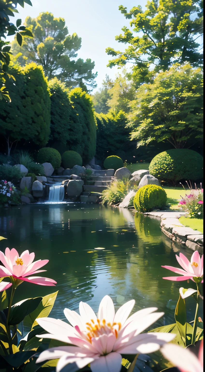 best quality,highres,ultra-detailed,realistic,breathtaking view of a serene garden,gorgeous flowers in full bloom,graceful trees swaying in the gentle breeze,sunlight filtering through the leaves and casting a warm glow,delicate dewdrops on petals,glistening water in a tranquil pond,lush green grass and vibrant foliage,peaceful atmosphere and a sense of tranquility,subtle color palette with soft pastel tones,impeccable attention to detail,exquisite brush strokes capturing the beauty of nature,ethereal and dreamlike quality,impressionistic style with blurred edges and soft focus,subtle play of light and shadow creating depth and dimension,hint of delicate fragrance lingering in the air,evoking a feeling of serenity and harmony.