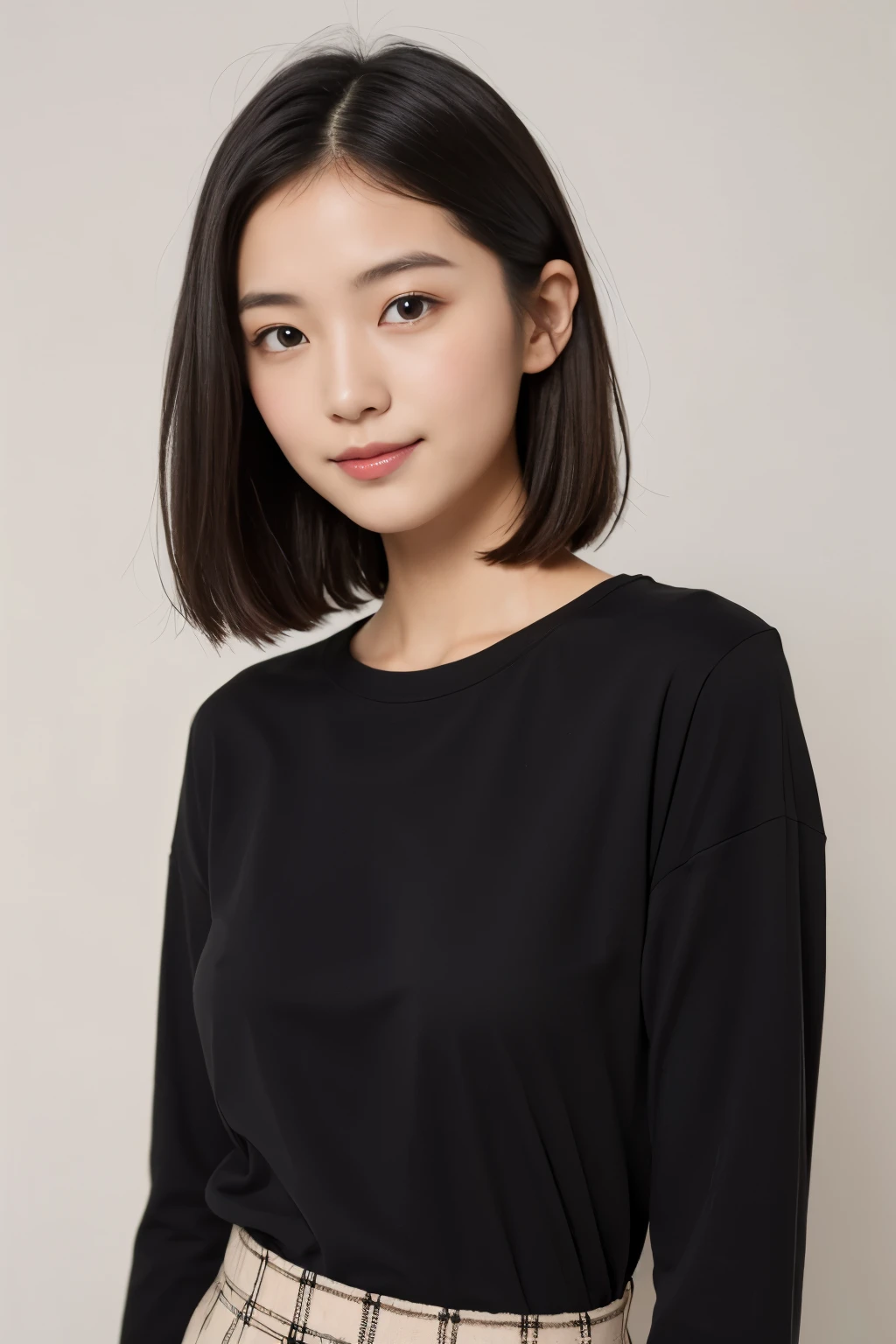masterpiece、一人のBeautuful Women、A detailed face、A detailed eye、Detailed skin、top-quality、japanes、Always face straight ahead、White background,、24 year old、I am wearing a plain BLACK long-sleeved T-shirt.、Smile、short-cut、brown fluffy hair, Soft light, Beautuful Women、bright expression、(is standing)、(from the front side)、Smaller chest、(The upper body also faces straight ahead.),Wearing a long plaid skirt , FULL BODYSHOT,So that the whole body is reflected, White background, Bob Heyer in Short,Your chest should also face straight ahead.,Natural light、Black long sleeve T-shirt、