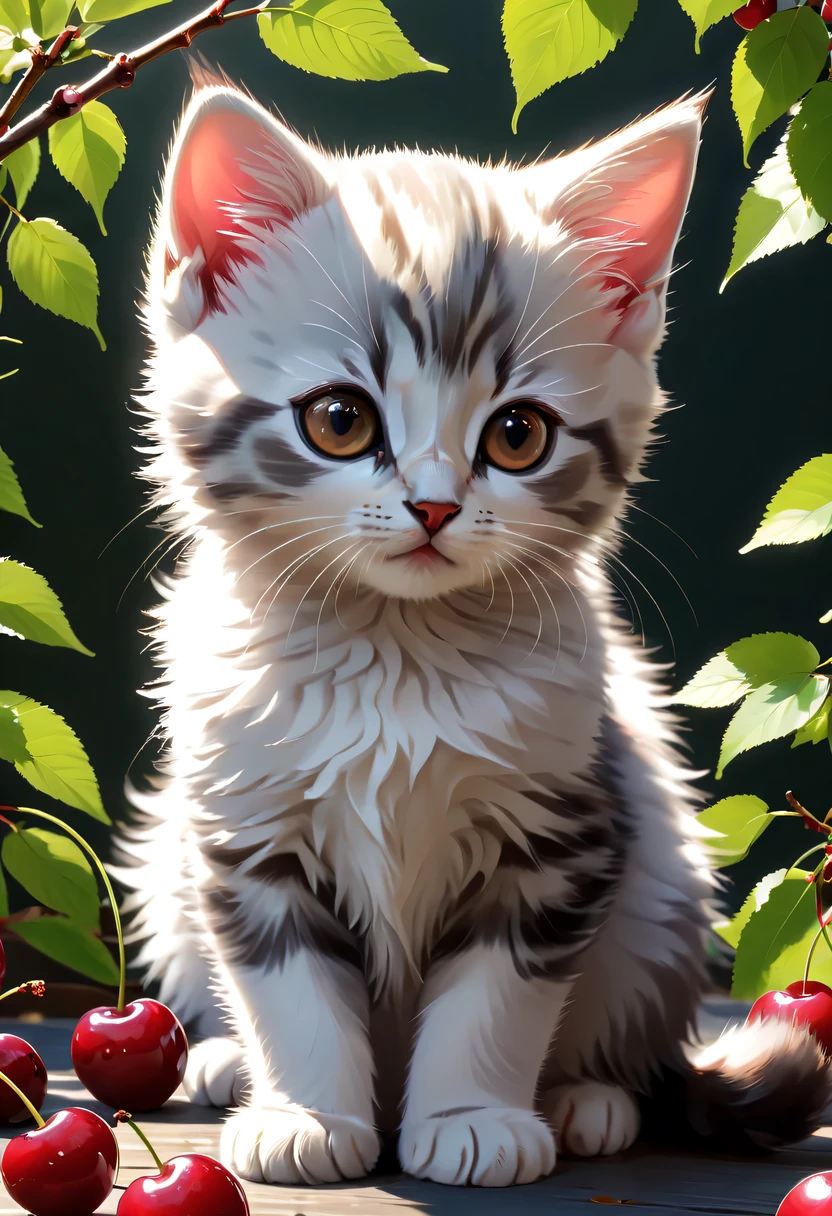 Cute vector kitten with cherry, style of anime, M Jenny style, digital illuminations, nearing perfection, The content is very detailed, smooth private parts, Focus sharp, illuminations, 4K分辨率