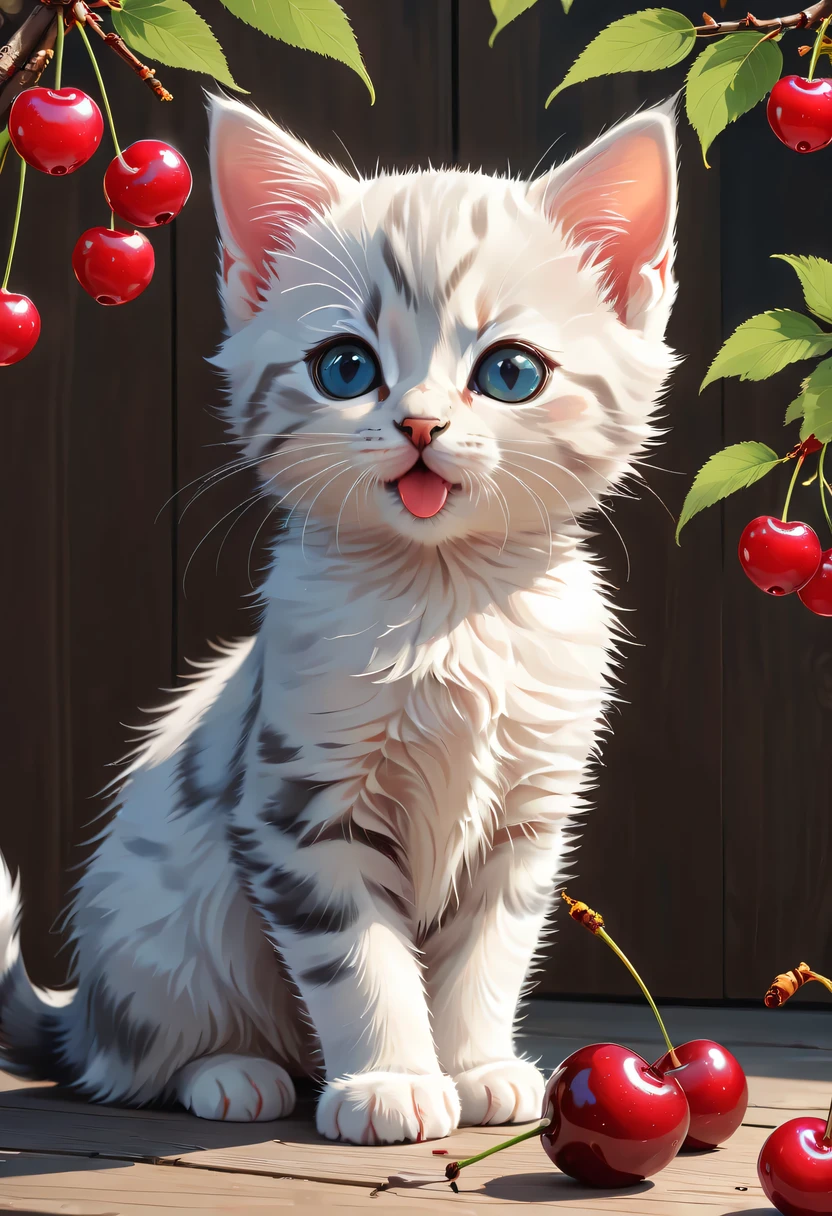 Cute vector kitten with cherry, style of anime, M Jenny style, digital illuminations, nearing perfection, The content is very detailed, smooth private parts, Focus sharp, illuminations, 4K分辨率