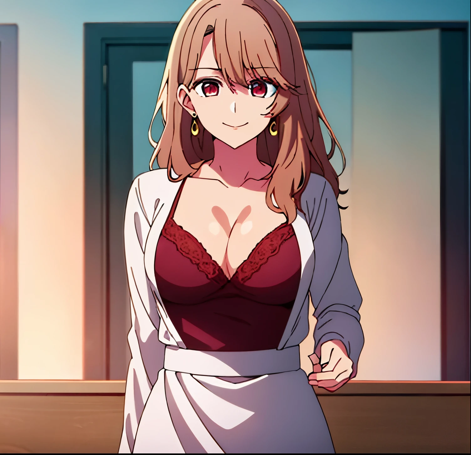 (White_jacket),(red bra),(Deep_cleavage), long_sleeves,jewelry,collarbone, earrings,open_clothes,
pink eyes,light_brown hair,eyebrows_visible_through_hair,bangs
1 girl, 20yo,Young female,Beautiful Finger,Beautiful long legs,Beautiful body,Beautiful Nose,Beautiful character design, perfect eyes, perfect face,expressive eyes,perfect balance,
looking at viewer,(Focus on her face),closed mouth, (innocent_big_eyes:1.0),Light_Smile,
official art,extremely detailed CG unity 8k wallpaper, perfect lighting,Colorful, Bright_Front_face_Lighting,shiny skin,smile,
(masterpiece:1.0),(best_quality:1.0), ultra high res,4K,ultra-detailed,
8K, HDR, highres, absurdres:1.2, Kodak portra 400, film grain, blurry background, bokeh:1.2, lens flare, (vibrant_color:1.2),professional photograph,
(Beautiful,large_Breasts:1.4), (beautiful_face:1.5),(narrow_waist)