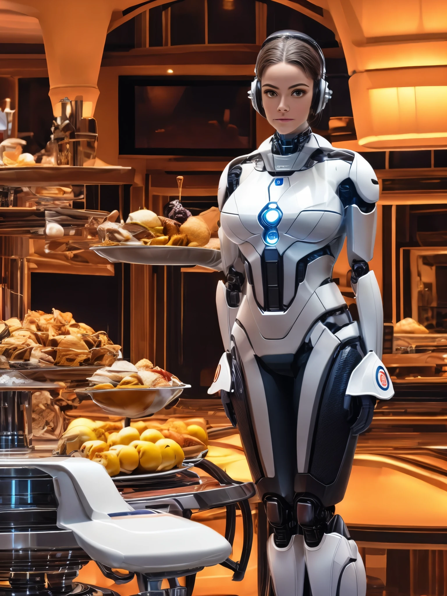 A girl robot butler carrying a meal, (best quality, high resolution, masterpiece:1.2), ultra-detailed, realistic:1.37, professional, physically-based rendering, studio lighting, vivid colors, portraits, a luxurious table with dinner and wine.