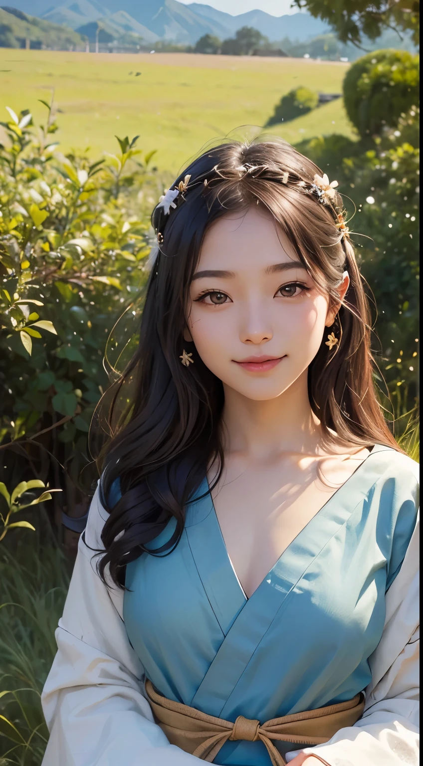 beautiful girl in a primitive costume made of hemp, (with Shiba Inu:1.3), front face, photo, an extremely delicate and beautiful, extremely detailed, Amazing, extremely detailed skin, (18 years old:1.2), cute girl, famous Japanese idol, kawaii, fair skin, shiny skin, chin thin, (smile:1.2), cute, young, extremely detailed nose, extremely detailed mouth, cute face, (realistic face:1.4), beautiful views, japan, nature, grass field, mountain, outdoors, blue sky