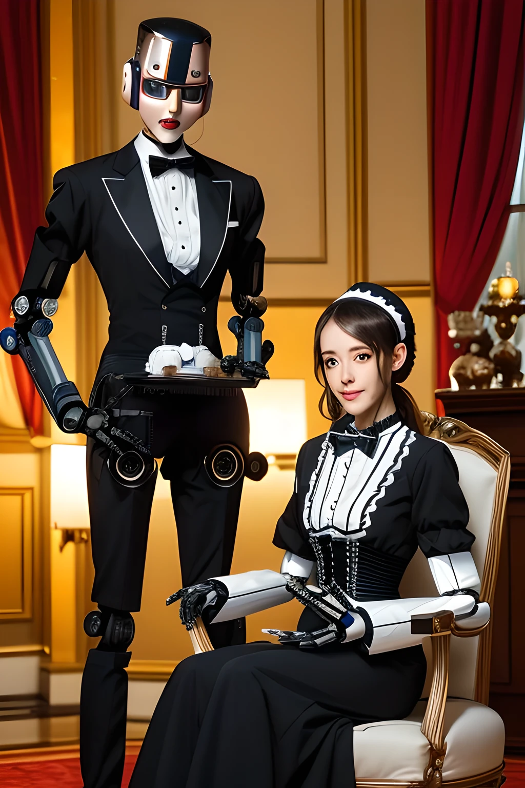 mechanized aristocracy,
with BREAK (robot butler:1.5), on a luxurious palace