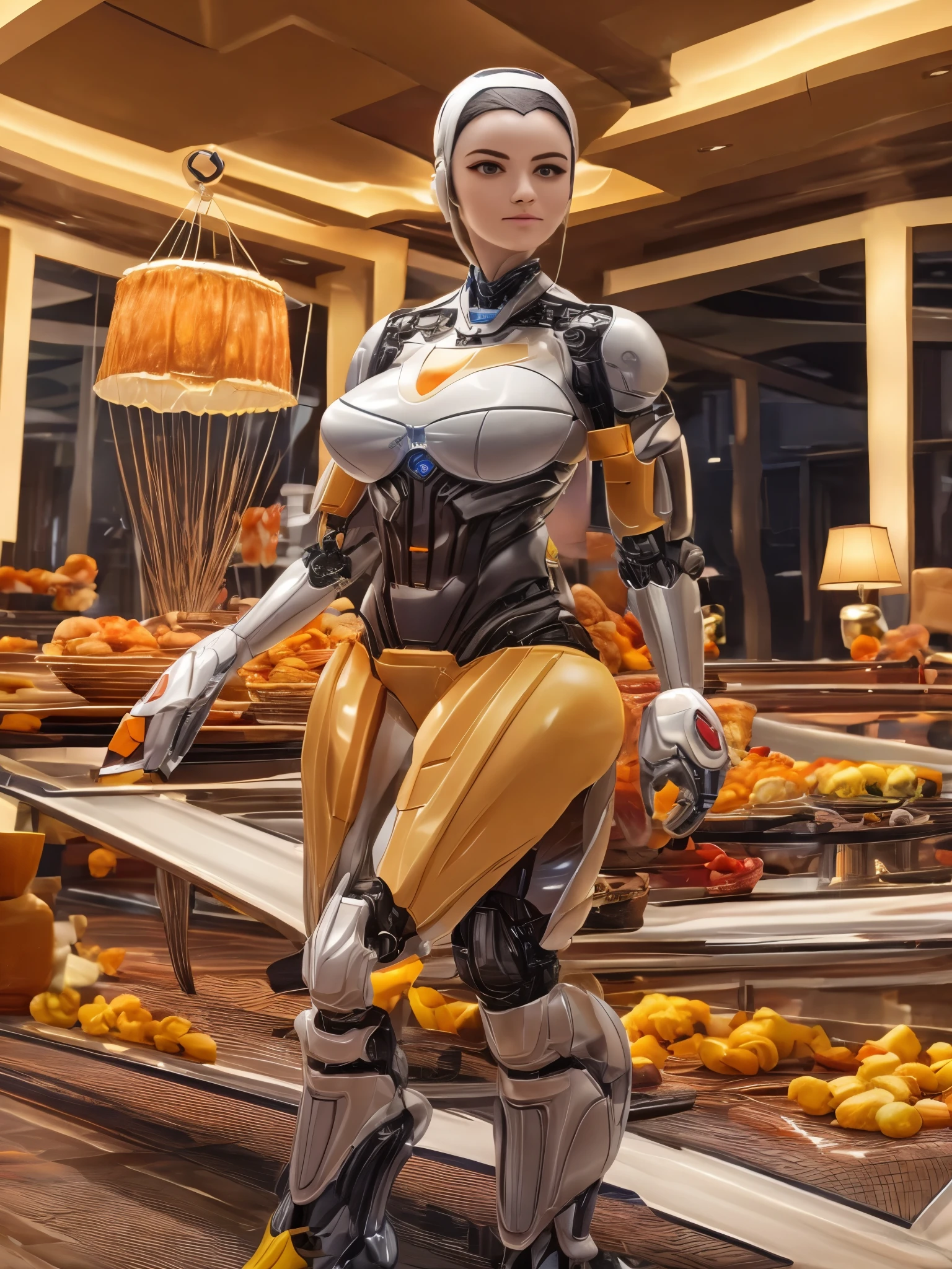 A girl robot butler carrying a meal, (best quality, high resolution, masterpiece:1.2), ultra-detailed, realistic:1.37, professional, physically-based rendering, studio lighting, vivid colors, portraits, a luxurious table with dinner and wine.