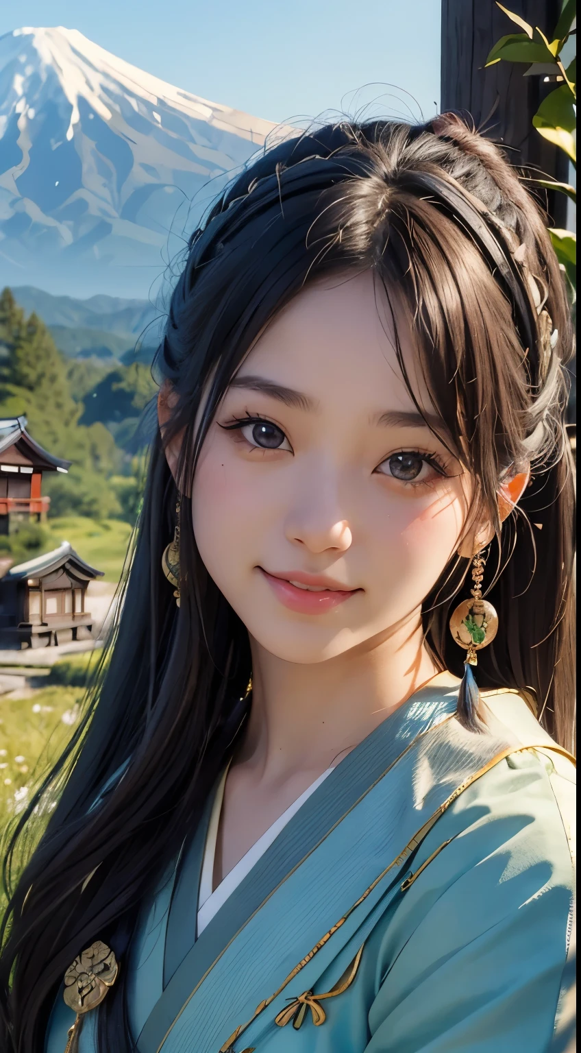 beautiful girl in a primitive costume made of hemp, (with Japanese dog:1.3), front face, photo, an extremely delicate and beautiful, extremely detailed, Amazing, extremely detailed skin, (18 years old:1.2), cute girl, famous Japanese idol, kawaii, fair skin, shiny skin, chin thin, (smile:1.2), cute, young, extremely detailed nose, extremely detailed mouth, cute face, (realistic face:1.4), beautiful views, japan, nature, grass field, mountain, outdoors, blue sky