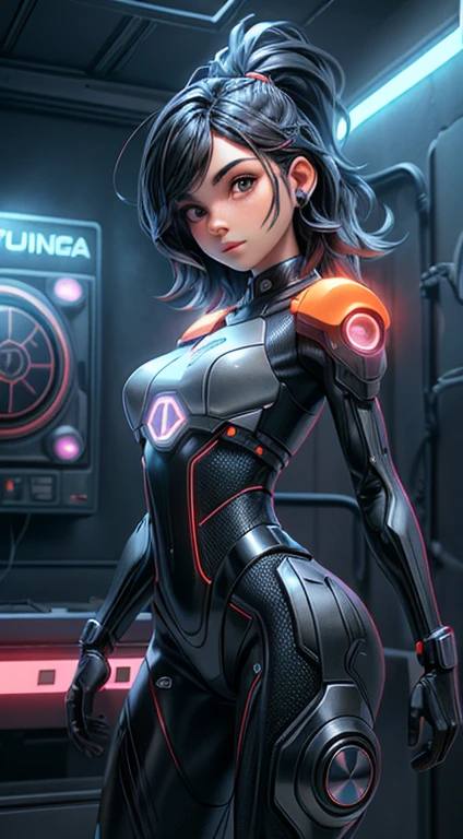 motor irreal:1.4,UHD,La mejor calidad:1.4, fotorrealista:1.4, textura de la piel:1.4, obra maestra:1.8,posing behind Beautiful Woman,(Protogen hembra),cyberpunk,mechanic,ojos brillantes,Orange metal surface,Pantalla digital,advanced technology,futuristic,red neon lights,electromagnetic field,bordes afilados,Aerodynamic design,Organismo digital,biomech,Mysterious atmosphere,Visera de vidrio,Sentidos mejorados,energetic pose,Circuitos invisibles,Holographic projections,Cables de colores,cyborg hembra,(Special station:1.4), ((La mano consiste en un pulgar corto y cuatro dedos,mano con solo cinco dedos,(Cara detallada)))