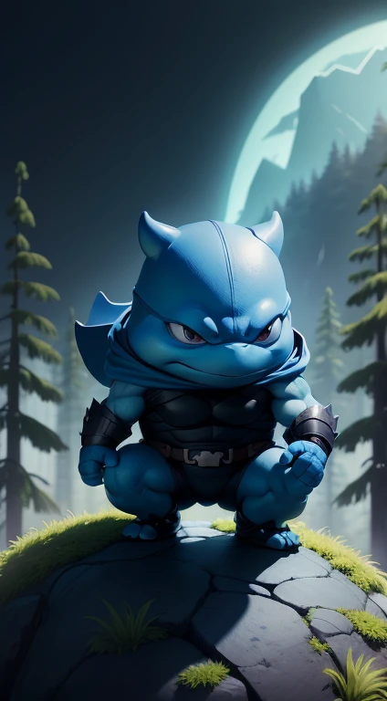 Create a vibrant, dark fantasy of a cute blue ninja turtle in a clean-lined, minimalist cartoon style., Al fondo un hermoso bosque, lluvia, Renderizado de octanaje, 8k