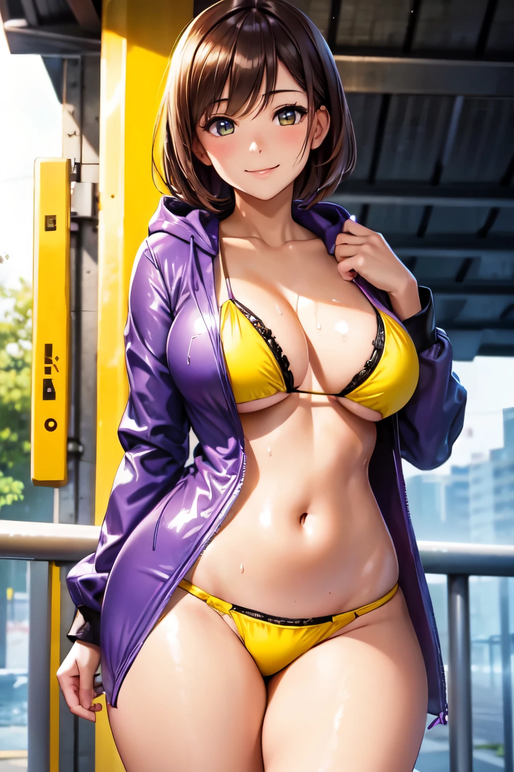 (High quality, High resolution, Fine details), Realistic, futuristic, Boulevard, (heavy rain), BREAK (Purple Hooded Raincoat), BREAK (Yellow Bikini Swimsuit), solo, curvy women, sparkling eyes, (Detailed eyes:1.2), smile, blush, Sweat, Oily skin, shallow depth of field