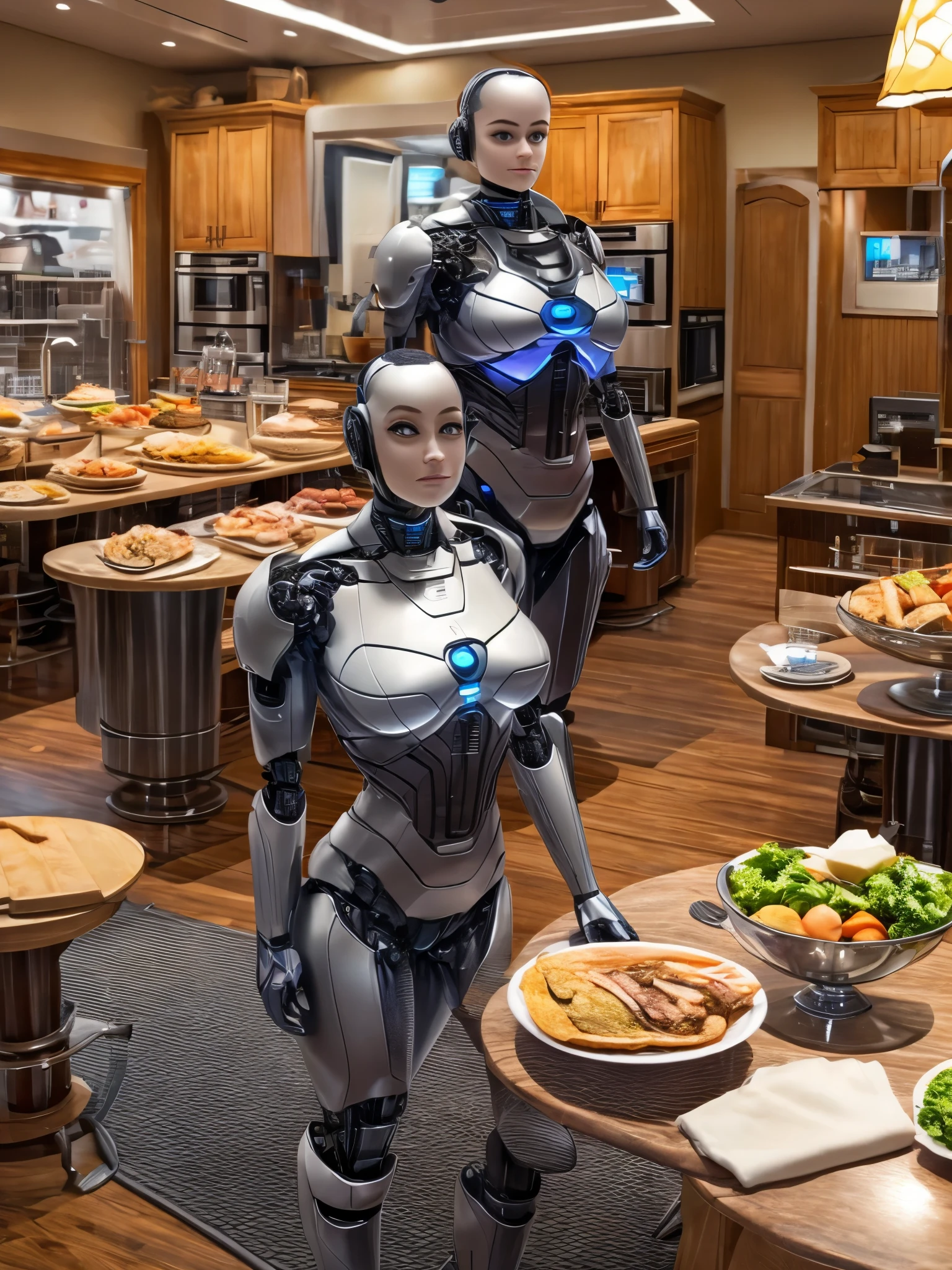 A girl robot butler carrying a meal, (best quality, high resolution, masterpiece:1.2), ultra-detailed, realistic:1.37, professional, physically-based rendering, studio lighting, vivid colors, portraits, a luxurious table with dinner and wine.