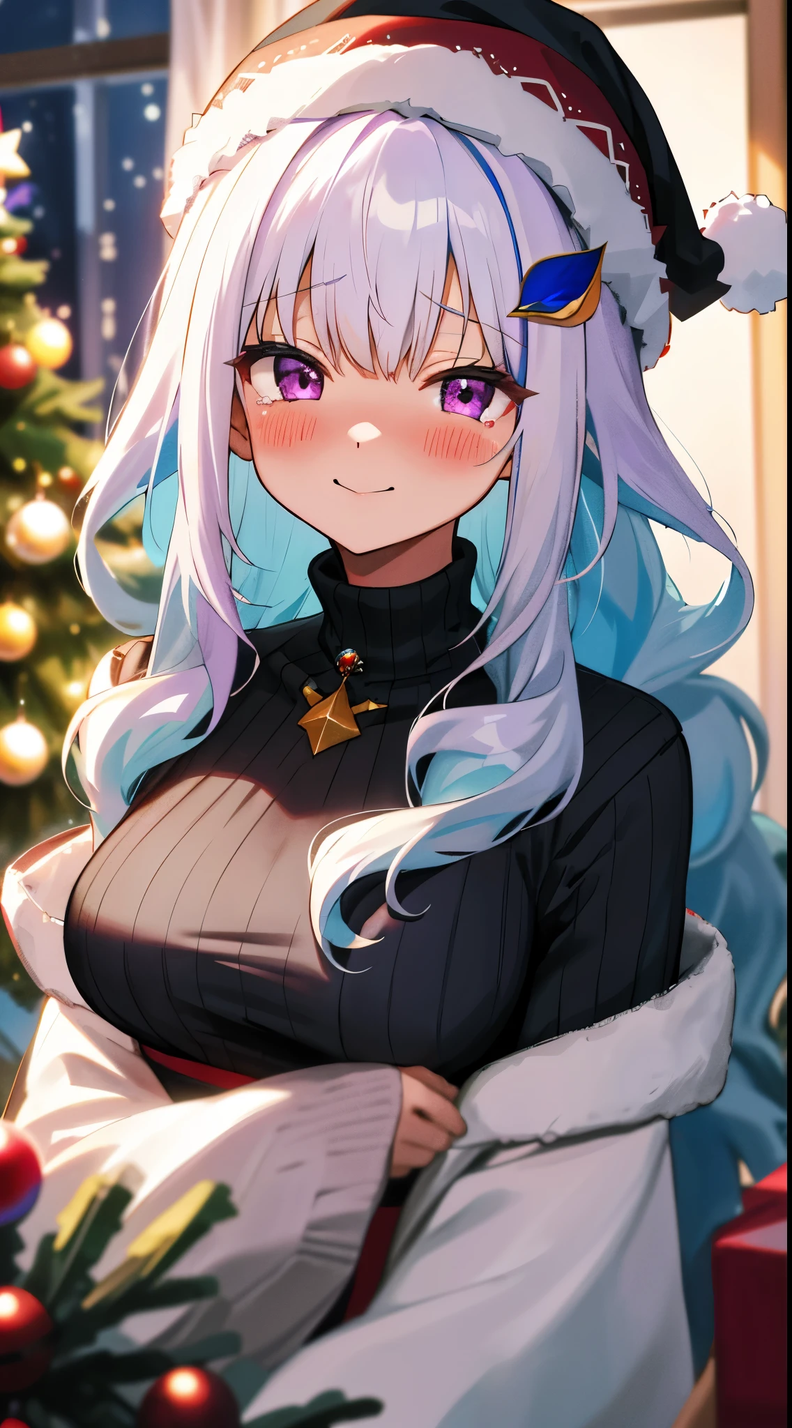 One girl with long wavy hair, bangs, white hair, blue inner hair:1.25) , purple eyes, looking at viewer, blushing, little smile, tears, sweaters, santa hat, indoor, living room, christmas tree, dizzy, mid-chest, night atmosphere, hair ornament, medium breasts, upper body, focus, blurry background