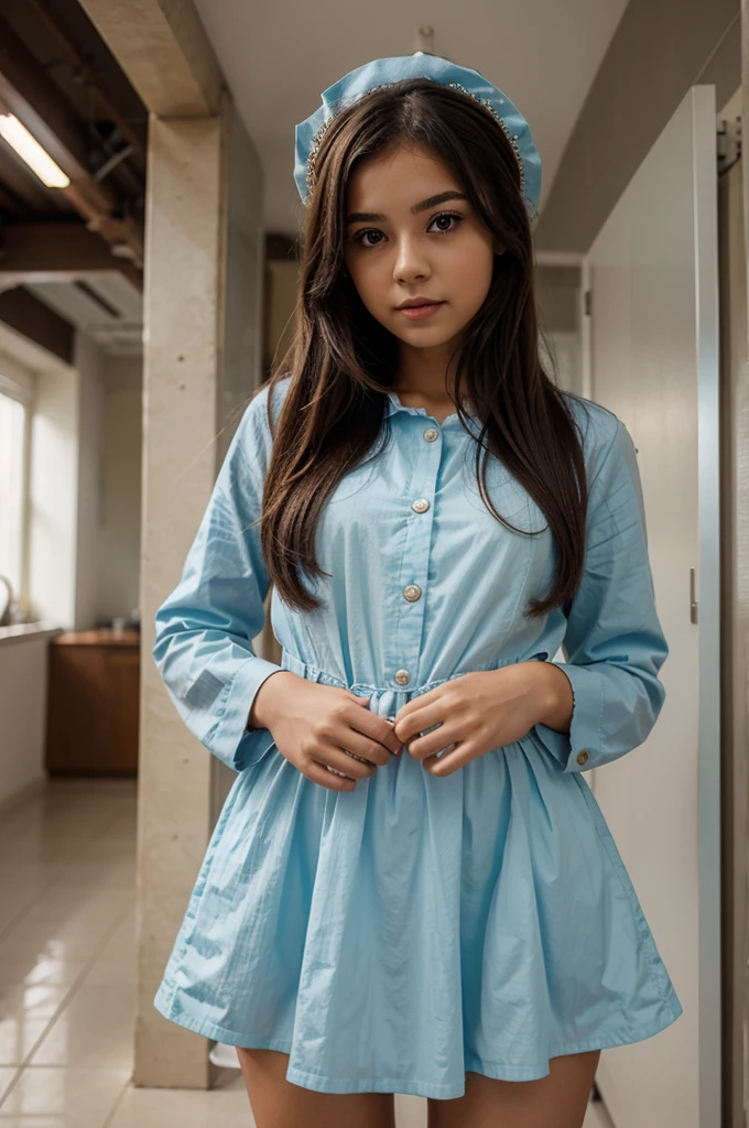 Blonde straight hair、In the camisole、on the bed、bright expression、Young shiny shiny white shiny skin、Best Looks、shiny light hair、a small face、cute 18yo girl