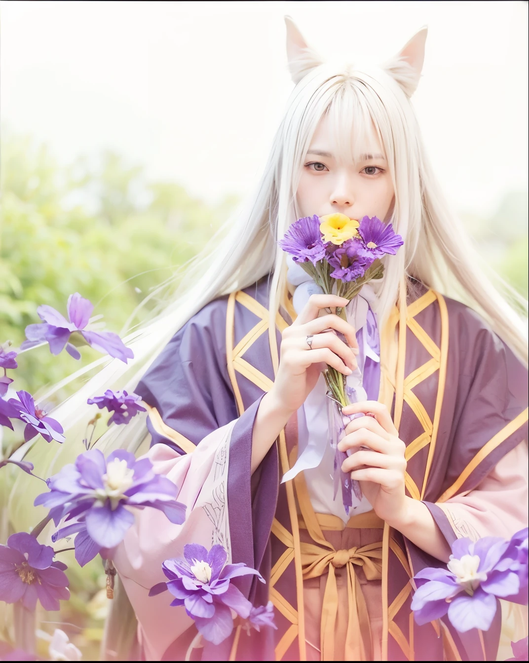 Ayame souma, fruits basket, man, masculine face, middle age, sniffing flower, pink kimono inner, dark purple outer, dark green cape, holding a purple flower, silver straight long hair, purple flowers foreground