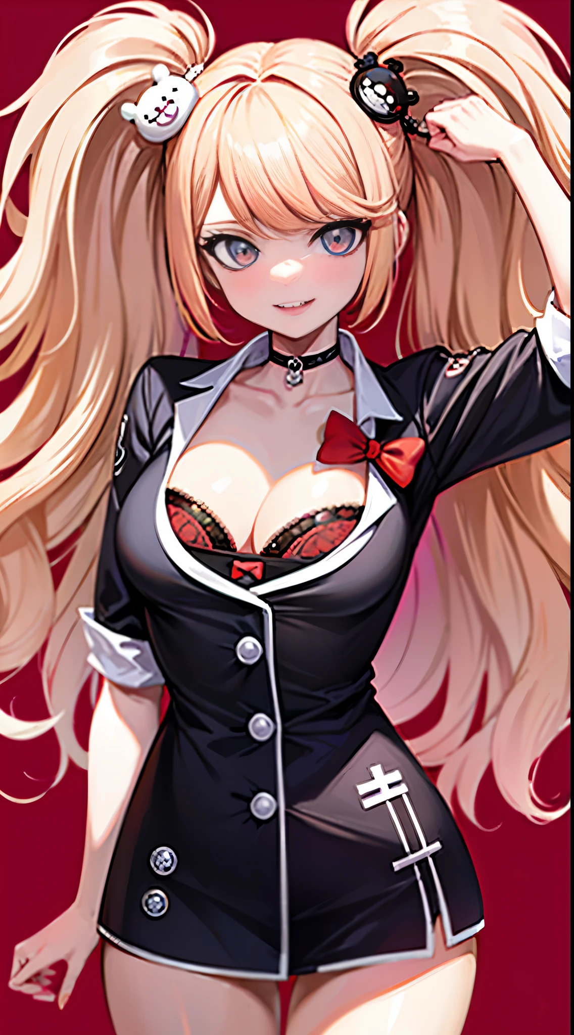 Junko Enoshima, Una rubia de pelo largo, 1girll, Colas dobles, solo, Pechos de nedium, eOjos azules,, 鎖骨,gran escote breasty bange rojo en la cara, sonrisa pervertida, Mirando a Viewert, La parte superior del cuerpo, Adorno de pelo de oso, toenail polish, Clavos rojos, red bow, Ropa interior, collar de gargantilla, Black bra,Acostado en la cama,Postural seduction,se ve sexy,Con astringencia,Tiro de cuerpo completo,Dairy liquid,tema astringente