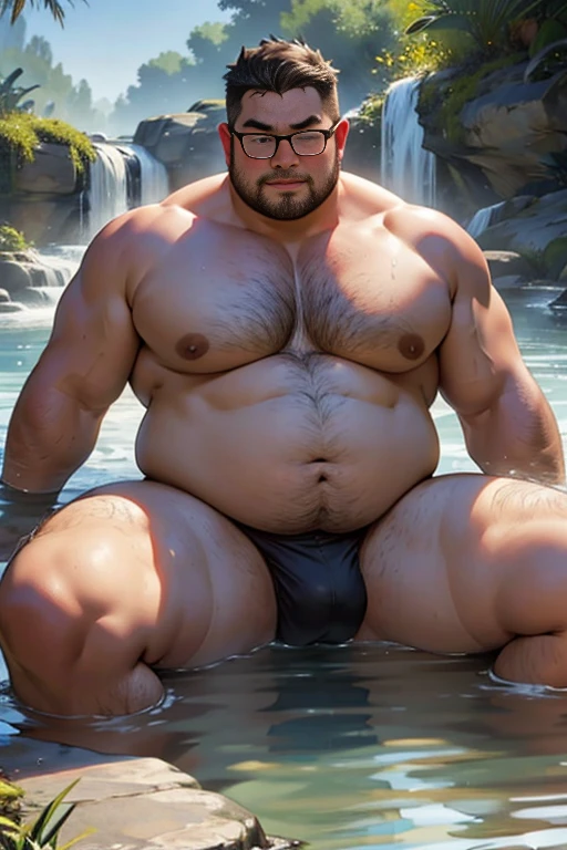 masterpiece,top-quality, in 8K, A fat man is soaking deeply in a large hot spring, Naked, Spread legs, stretch and relax, nerdy, short legs, Bowleg, (fatness: 1.0), Blushing and relaxed fat man, looks sleepy, Bare belly, Bare legs, Shirtless, Glasses, thinning hair, Man with big face, Round face, Wet body, steams, Solo