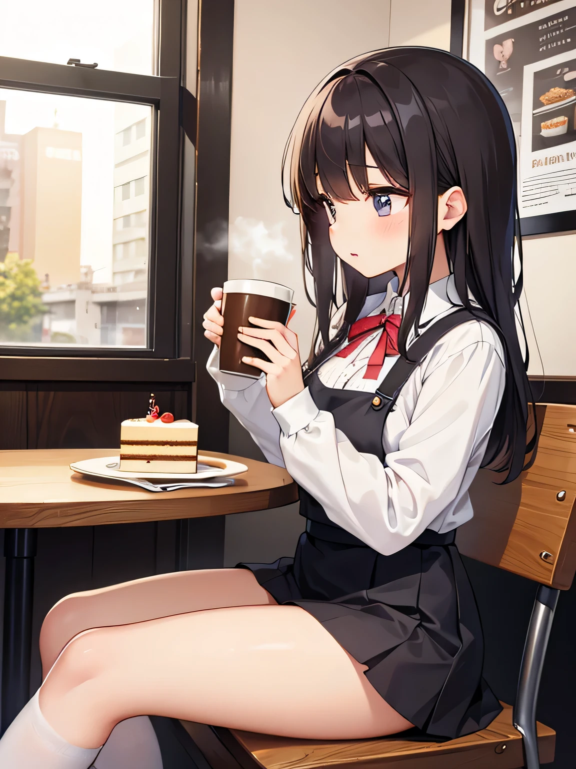 A woman is drinking coffee in a cafe。There is a cake on the table that the woman can eat..。women wear miniskirts。