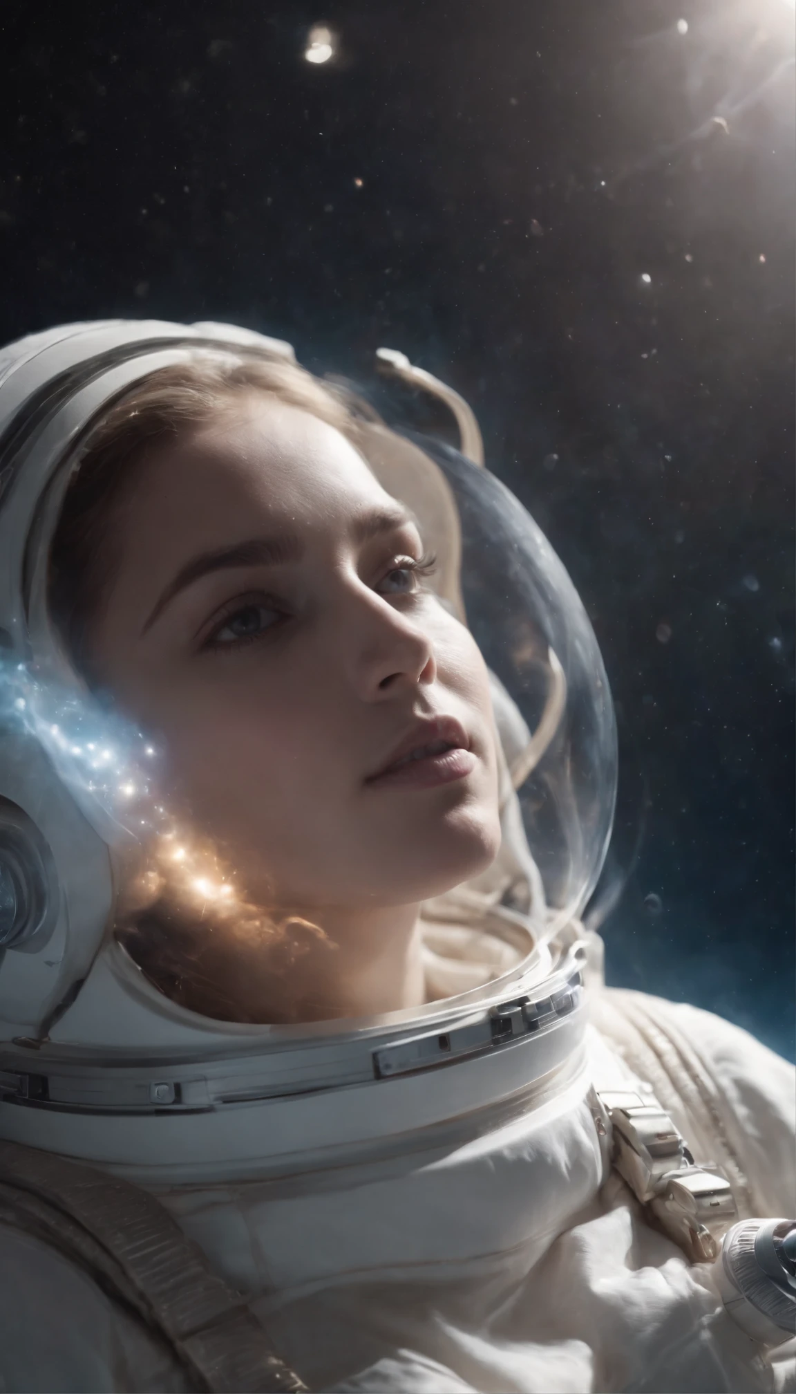 zodiac goddess of cancer. fullbody, a curious female astronaut gracefully traversing the ethereal mist of the cosmos, suspended weightless, smoke explosion. Light particles, emitting diodes, smoke, sparks. perfect composition, beautiful, detailed, intricate, octane render, 8K, soft natural light, chiaroscuro, masterpiece