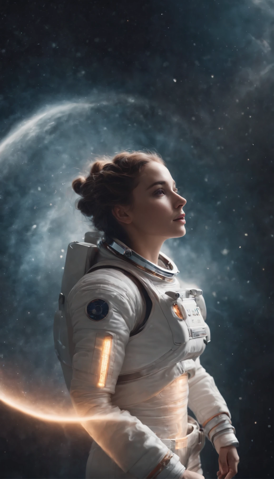 zodiac goddess of cancer. fullbody, a curious female astronaut gracefully traversing the ethereal mist of the cosmos, suspended weightless, smoke explosion. Light particles, emitting diodes, smoke, sparks. perfect composition, beautiful, detailed, intricate, octane render, 8K, soft natural light, chiaroscuro, masterpiece