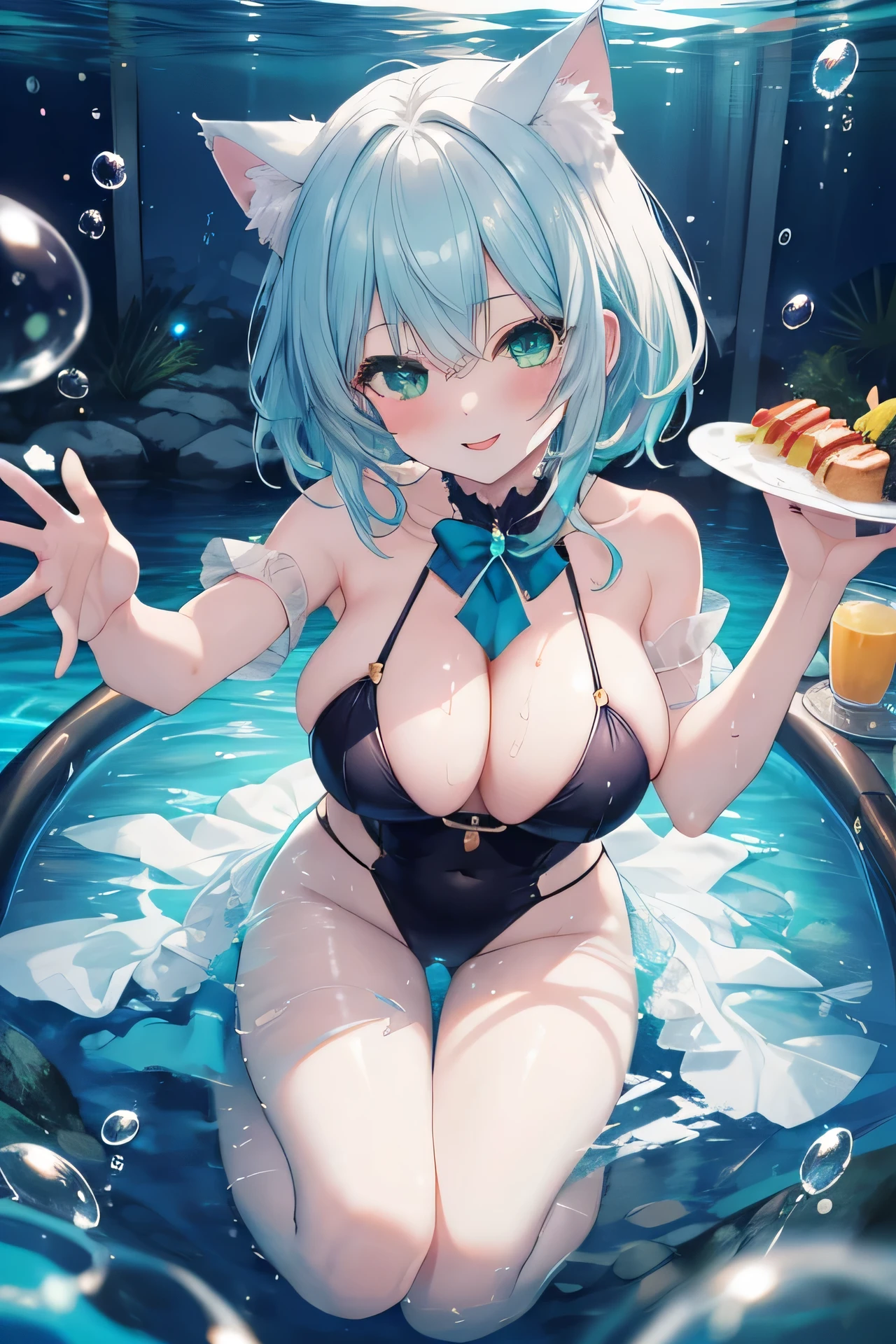((masutepiece)), ((Best Quality)), ((8K)), High resolution, 1girl in, Cat ears, pale skin, Large breasts, Heterochromia, light blue and green eyes, light blue, blue and gray hair, underwater bar, Drunk, god, Night, shiny, Bubble, Ahegao, Evil smile, relax, Clothed