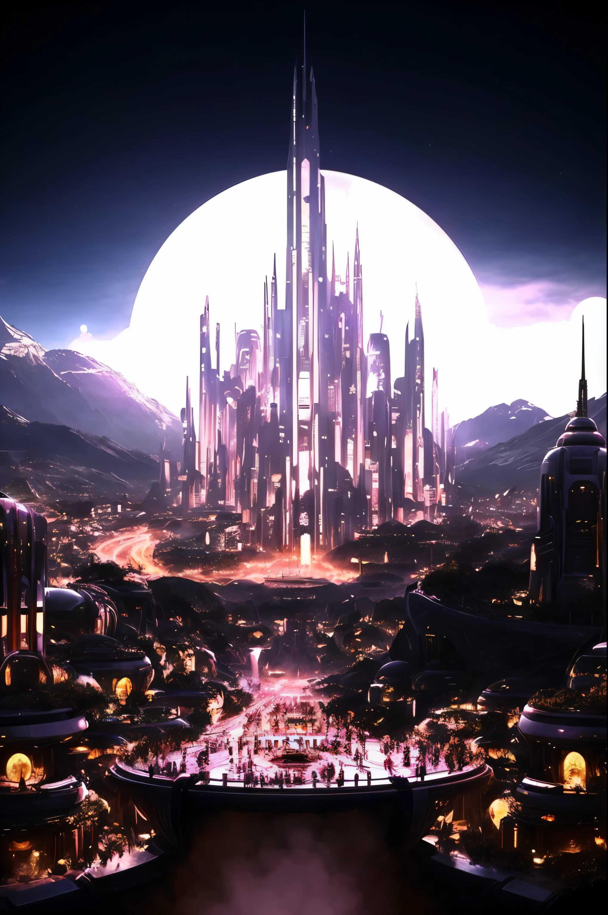 a close up of a city with a giant moon in the background, huge futuristic temple city, in fantasy sci - fi city, beautiful city of the future, big and structured valhalla city, otherwordly futuristic city, an alien city, ancient sci - fi city, futuristic utopian metropolis, futuristic castle, fantasy capital city, fantasy cityscape, science fiction city