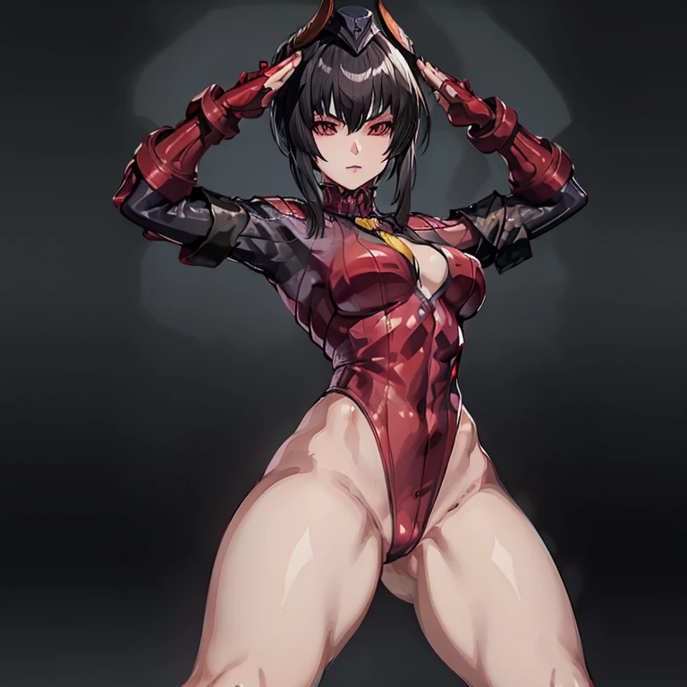 ultra-detailed, Explicit, Beautiful body, Beautiful Nose, Beautiful character design, perfect eyes, perfect face, ultra highres, 4K, beautiful legs, perfect legs, Nice hands, Perfect hand, Masterpiece, Best Quality, Highly detailed, illustration, absurdres, street fighter, doll suit, shadaloo doll, dollsuit, expressionless, blank eyes, looking at viewer, red gloves, emotionless, black latex, corrution, mind control, female combatant, full body, hypnotized, unhappy trance, full body suit, ribbed bodysuit, both arms at side, obey, perfect female body, extremely glossy latex, hypnosis, hypnoLora, empty eyes, Mind control device, poses, submissive_pose, Slave, hat, necktie, stand up straight, standing, standing at attention, hat, necktie, belt, latex, ribbed bodysuit, thighhighs, garter belt, Fighting Stance, extending the right arm from the shoulder into the air with a straightened hand, nazi saluting, military, military saluting, salute, thigh boots, 1girl, Tekken, eliza, black hair, red eyes, medium hair, horn