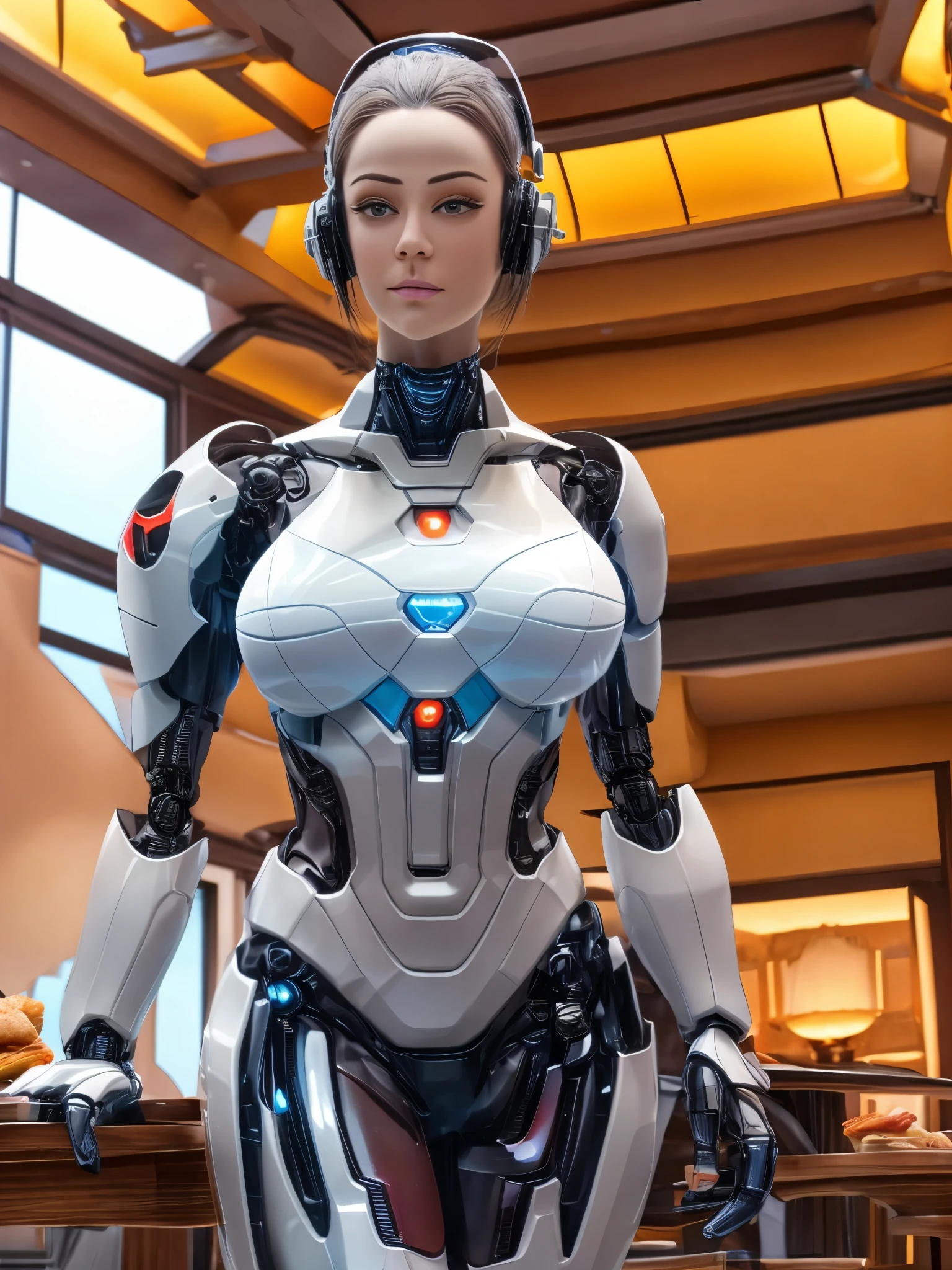 A girl robot butler carrying a meal, (best quality, high resolution, masterpiece:1.2), ultra-detailed, realistic:1.37, professional, physically-based rendering, studio lighting, vivid colors, portraits, a luxurious table with dinner and wine.