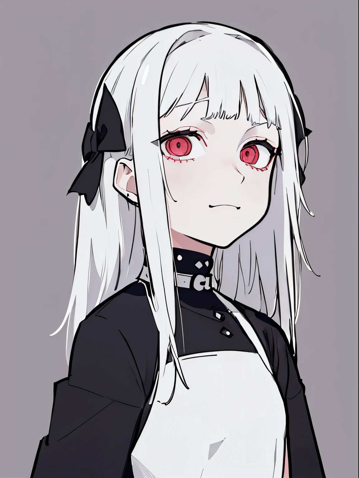 style of painting,(empty background),((Flat chest)),(Front Portrait), (Black and whature Women,((Microthorax)),(High cold),Hey, hey, smile,monochrome, blank stare, dead fish eyes, cool beauty,half lidded eyes, indifferent expression, black and white portrait, bored, impassive, loner,(Alone),Wispy bangs,Textured straight,Above the waist,((White Hair)),(Red Pupil),((White Dress)),Shirt,Wispy bangs